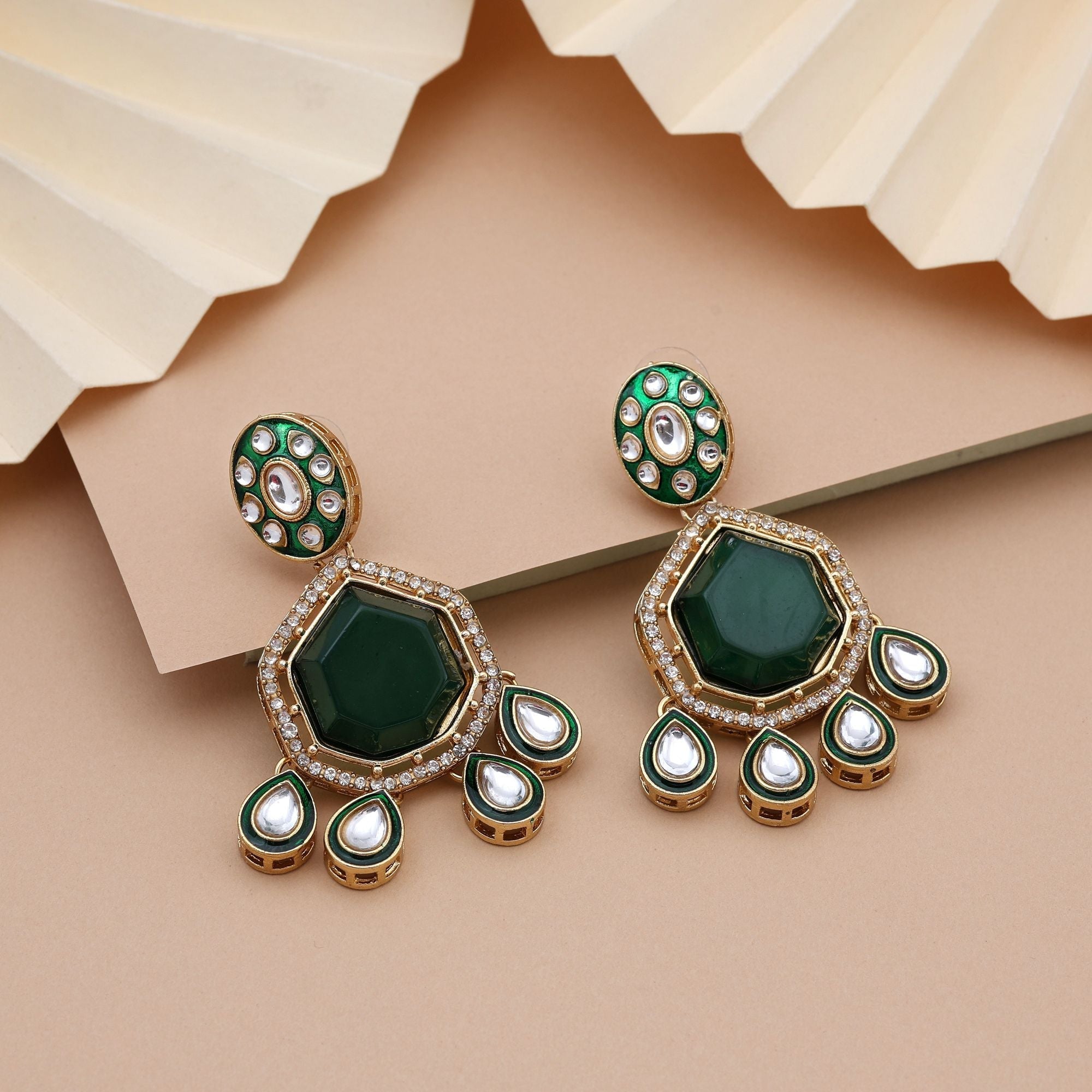 Stylish Green Color Kundan Earrings With Traditional Stones Perfect For Ethnic Outfits