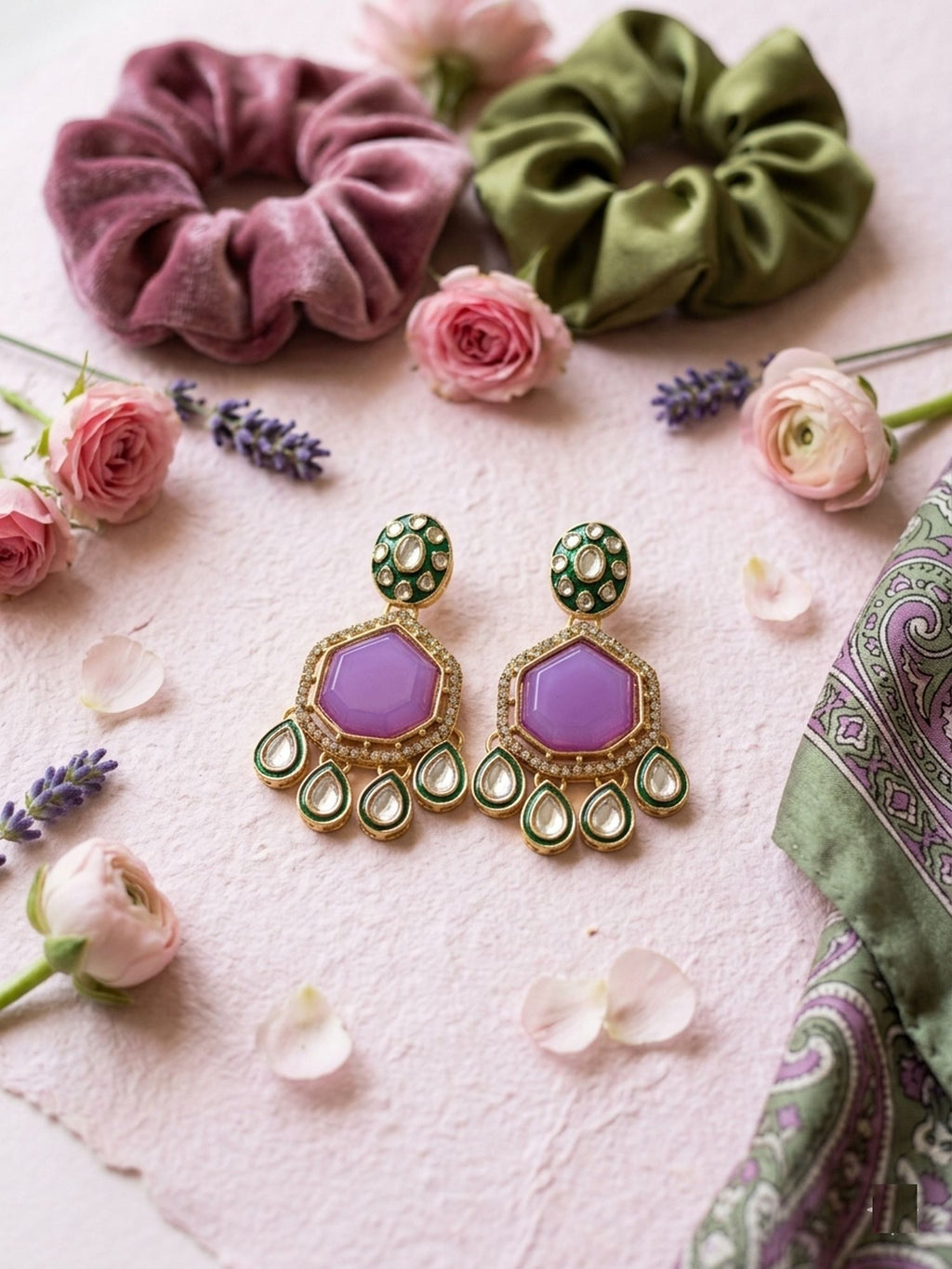 Lavender Color Kundan Earrings With Antique Detailing Perfect For Bridal Collections
