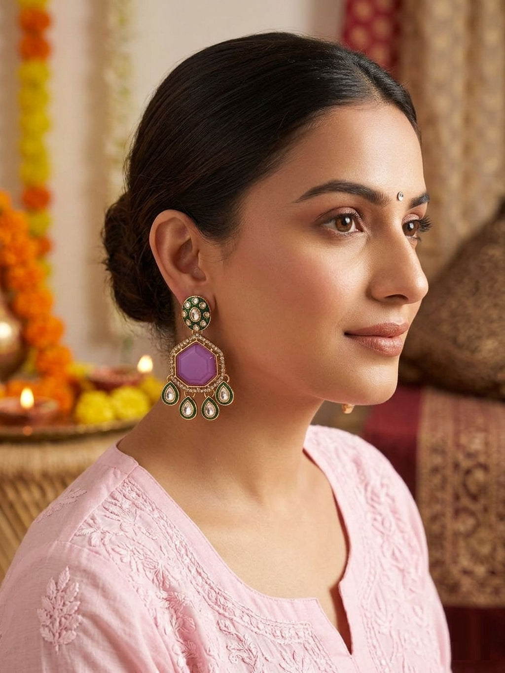 Lavender Color Kundan Earrings With Antique Detailing Perfect For Bridal Collections