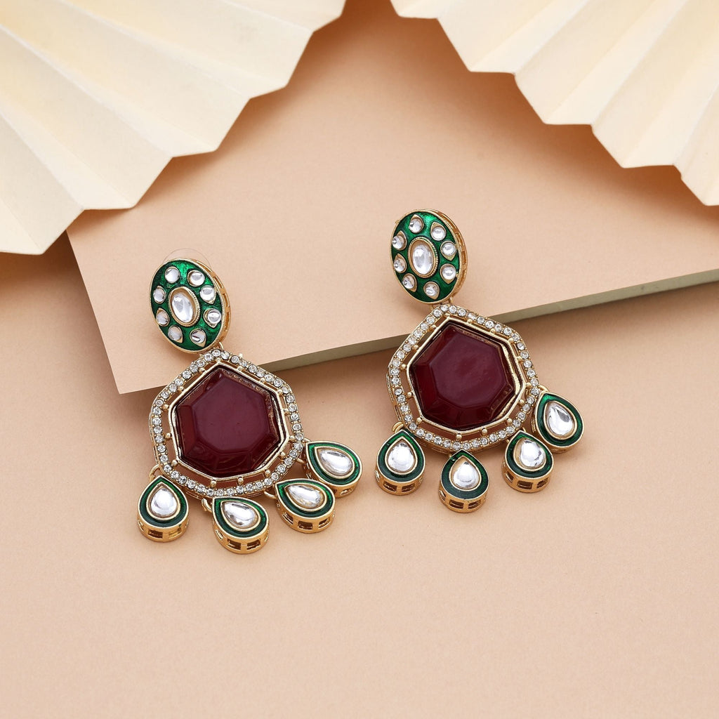 Gorgeous Maroon Color Kundan Earrings With Antique Finish For Wedding And Festive Wear