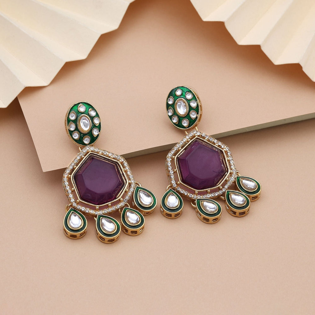 Royal Purple Color Kundan Earrings With Antique Detailing Perfect For Bridal Collections