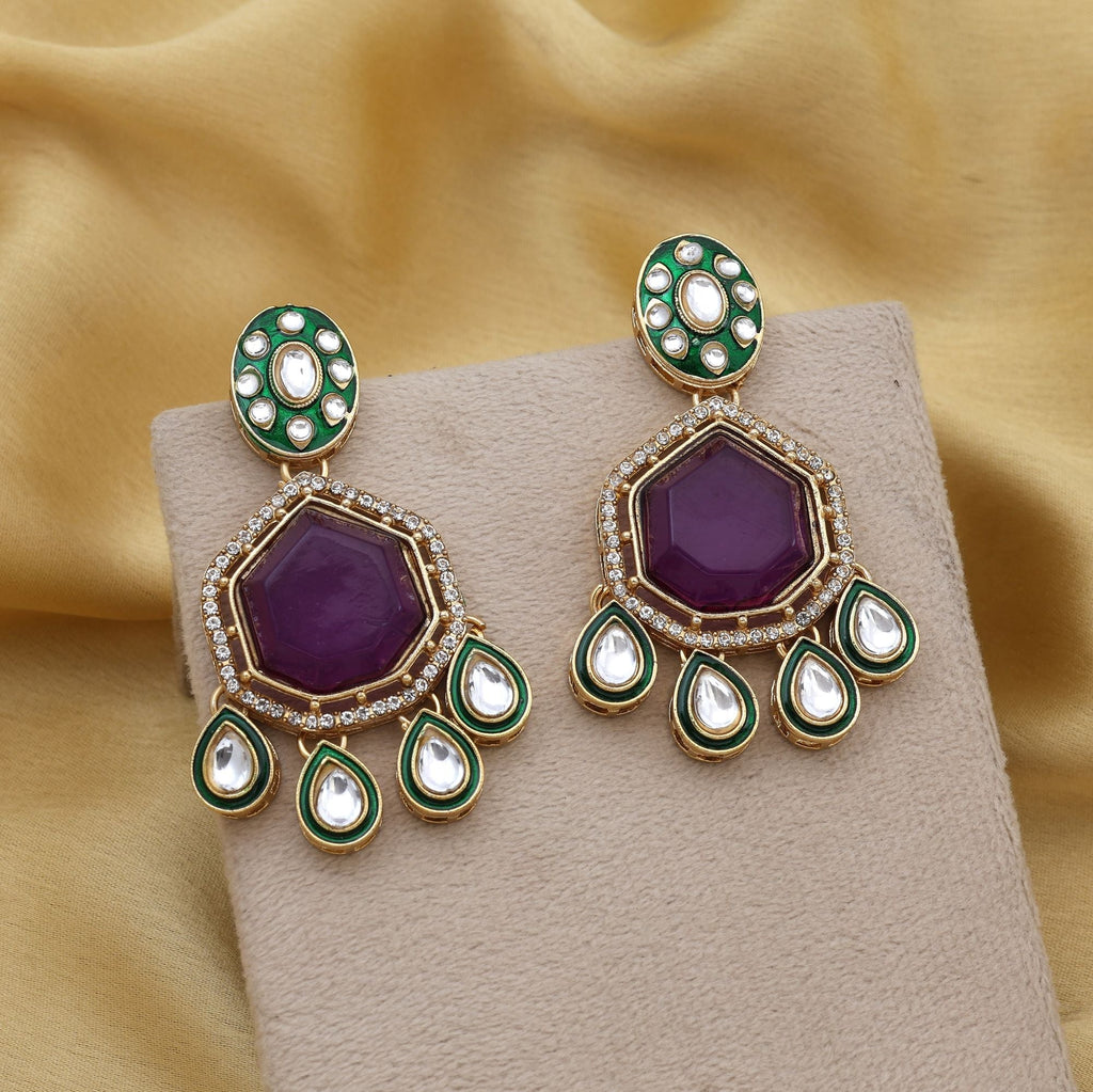 Royal Purple Color Kundan Earrings With Antique Detailing Perfect For Bridal Collections