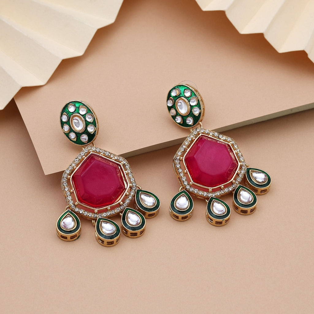 Royal Rani Color Kundan Earrings With Traditional Work For Grand Ethnic Occasions