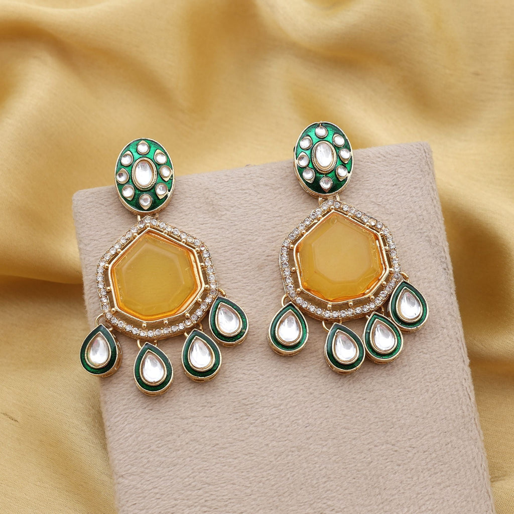 Beautiful Yellow Color Kundan Earrings With Stone Detailing Perfect For Cultural Events