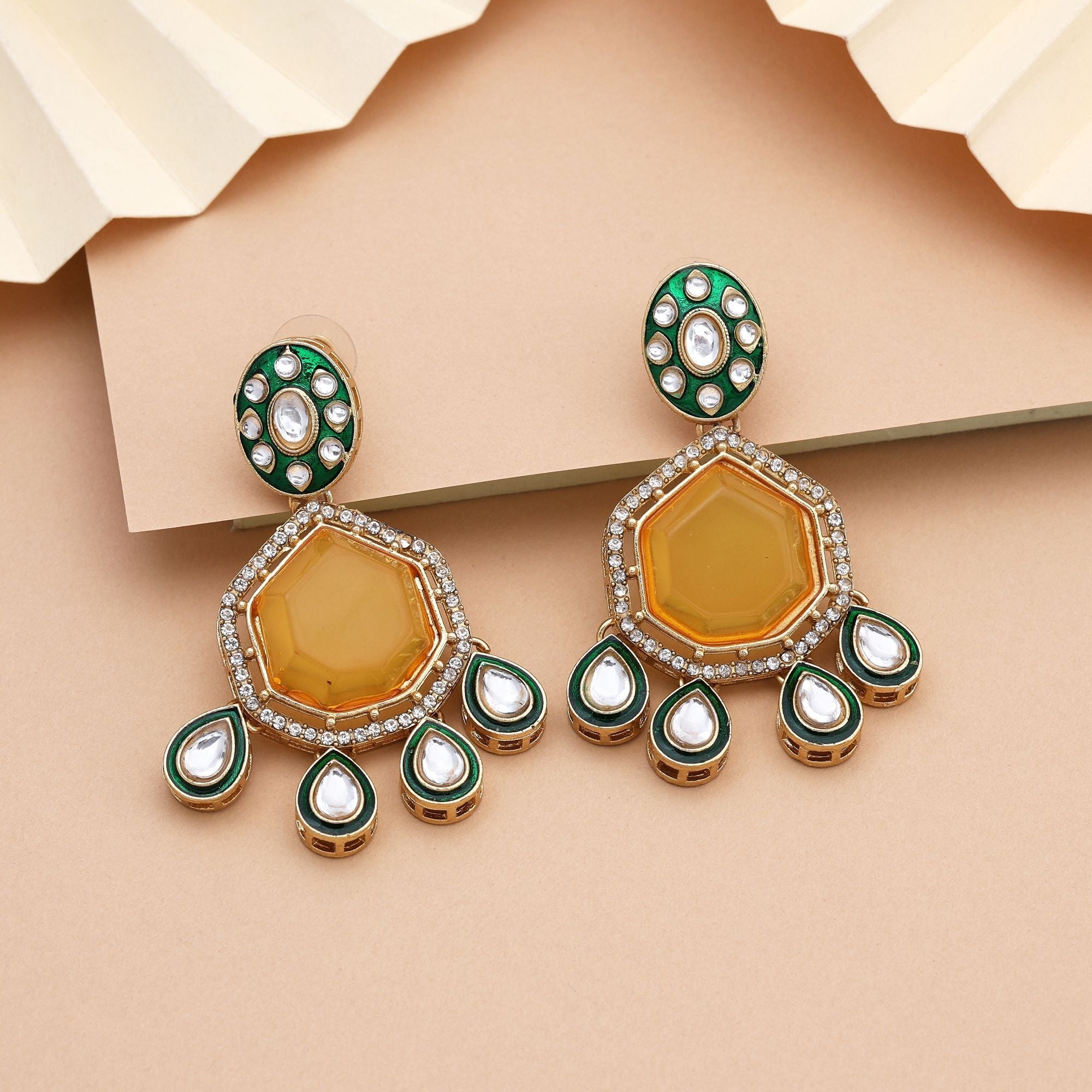 Beautiful Yellow Color Kundan Earrings With Stone Detailing Perfect For Cultural Events