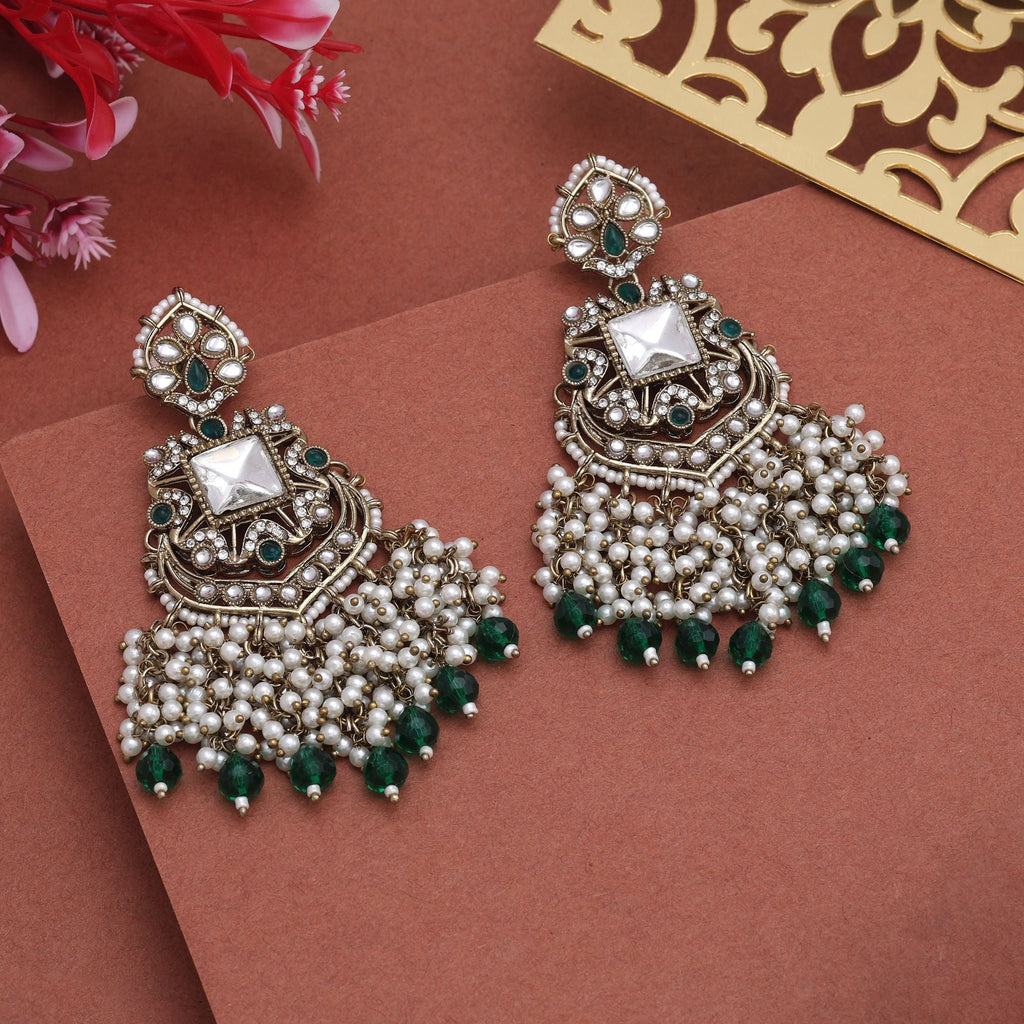 Stylish Green Color Kundan Earrings With Gold Plated Finish For Festive Looks