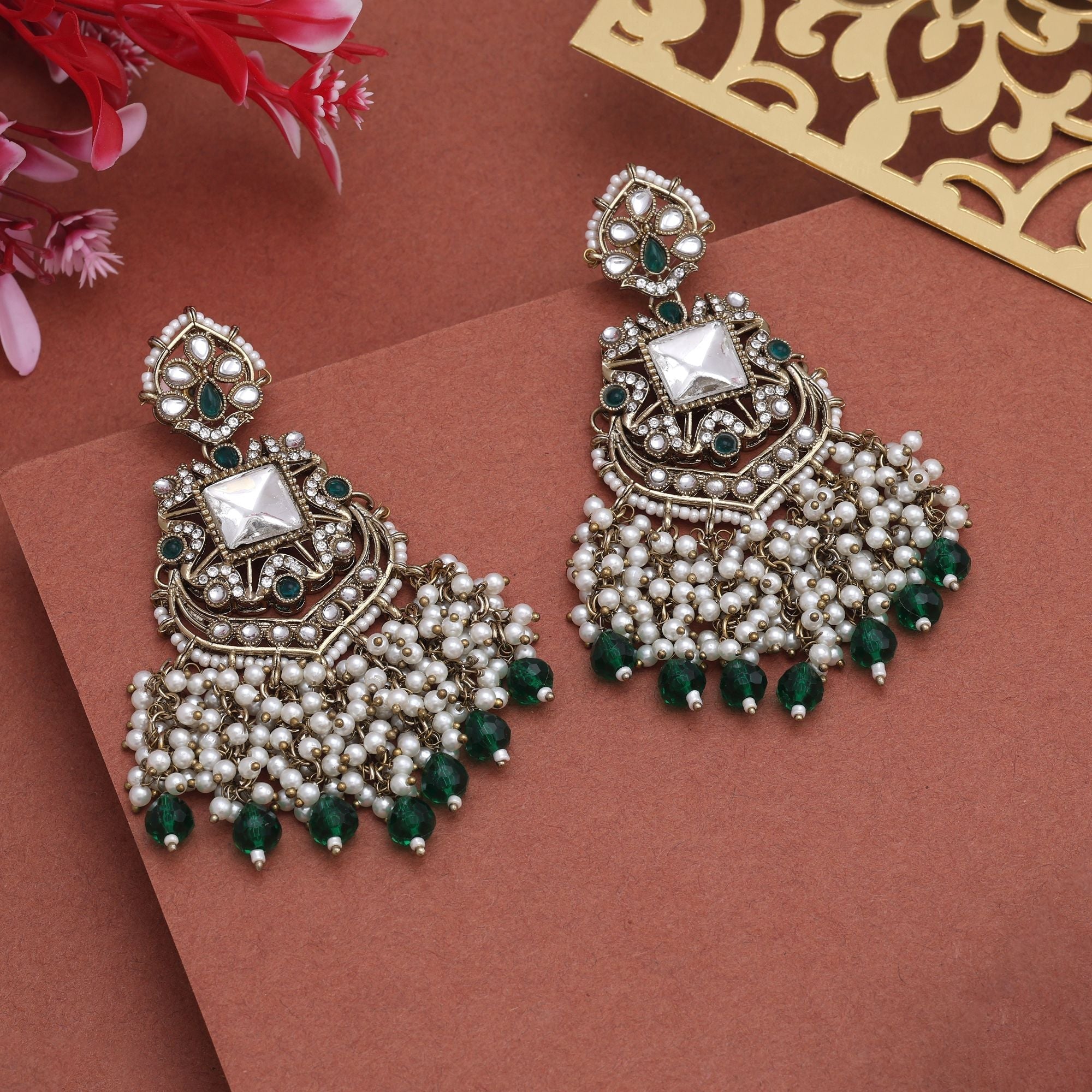 Stylish Green Color Kundan Earrings With Gold Plated Finish For Festive Looks