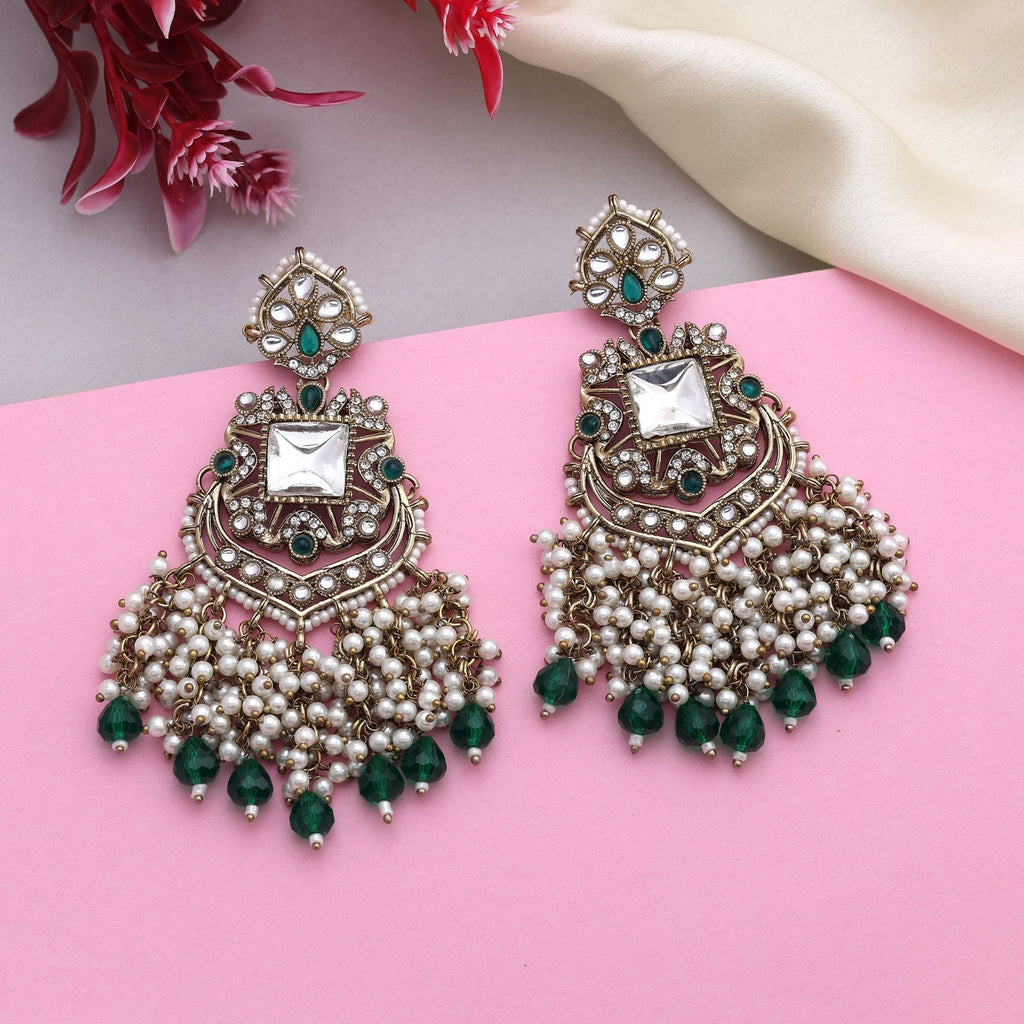 Stylish Green Color Kundan Earrings With Gold Plated Finish For Festive Looks