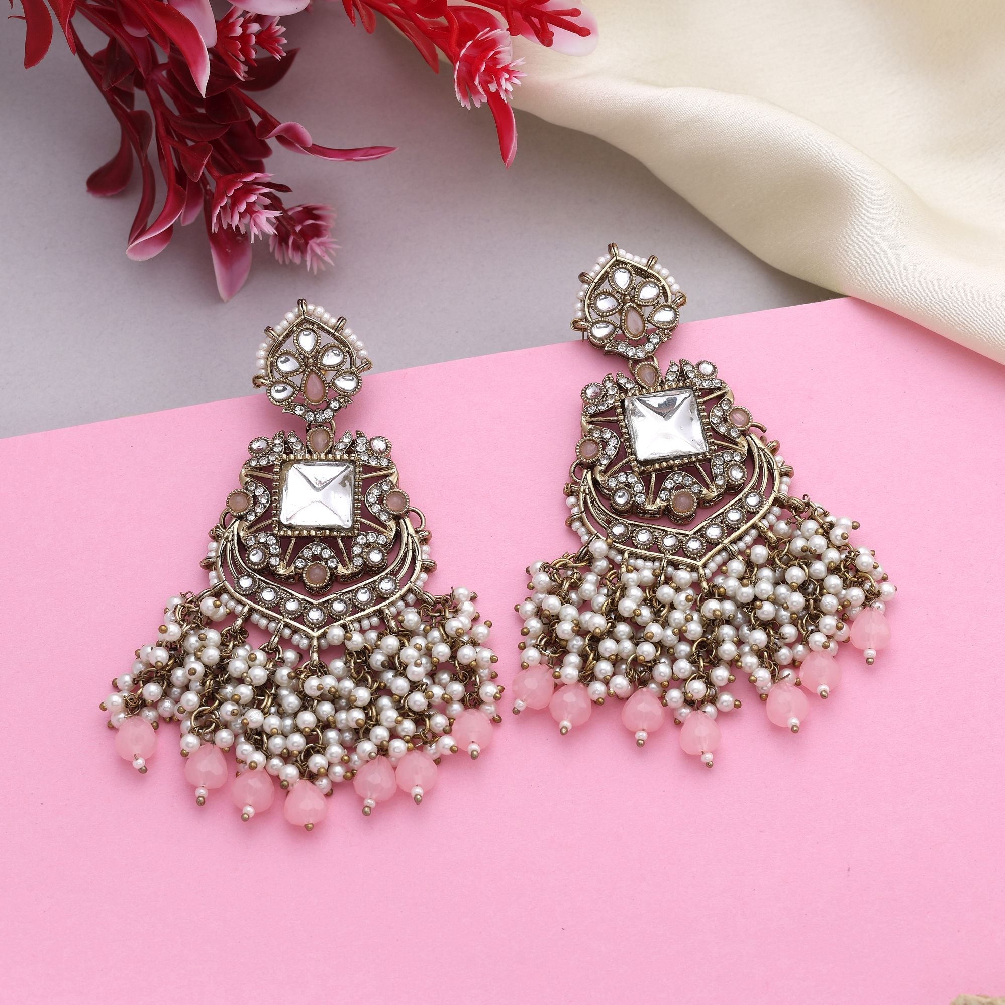 Pretty Pink Color Kundan Earrings With Antique Gold Polish For Wedding Ceremonies