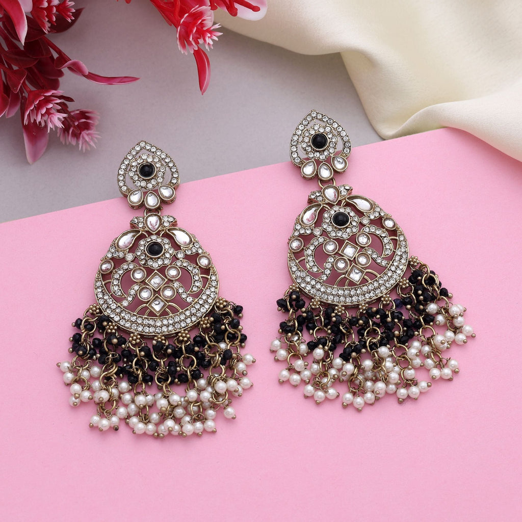 Chic Black Color Kundan Earrings With Royal Style Perfect For Wedding Looks