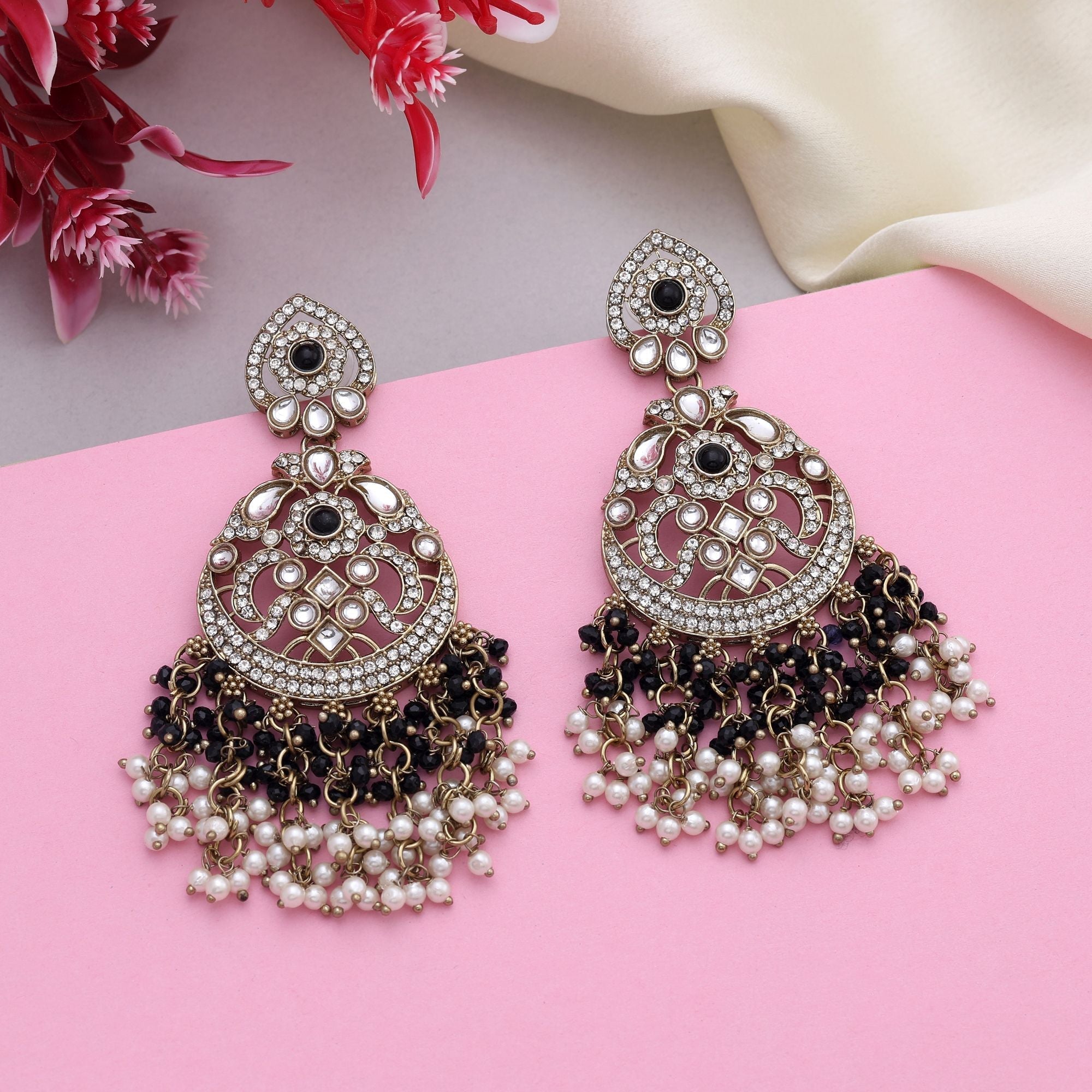 Chic Black Color Kundan Earrings With Royal Style Perfect For Wedding Looks