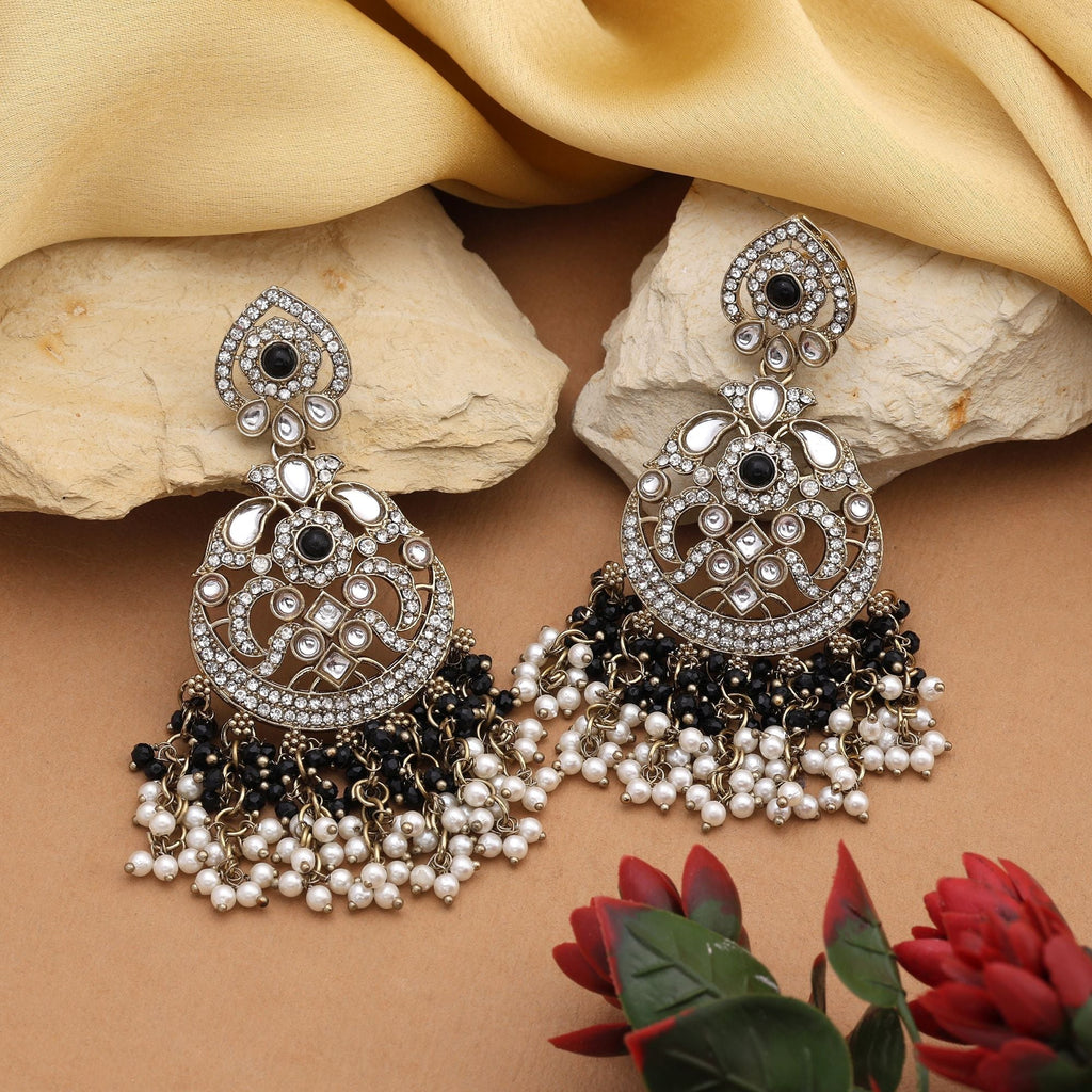 Chic Black Color Kundan Earrings With Royal Style Perfect For Wedding Looks