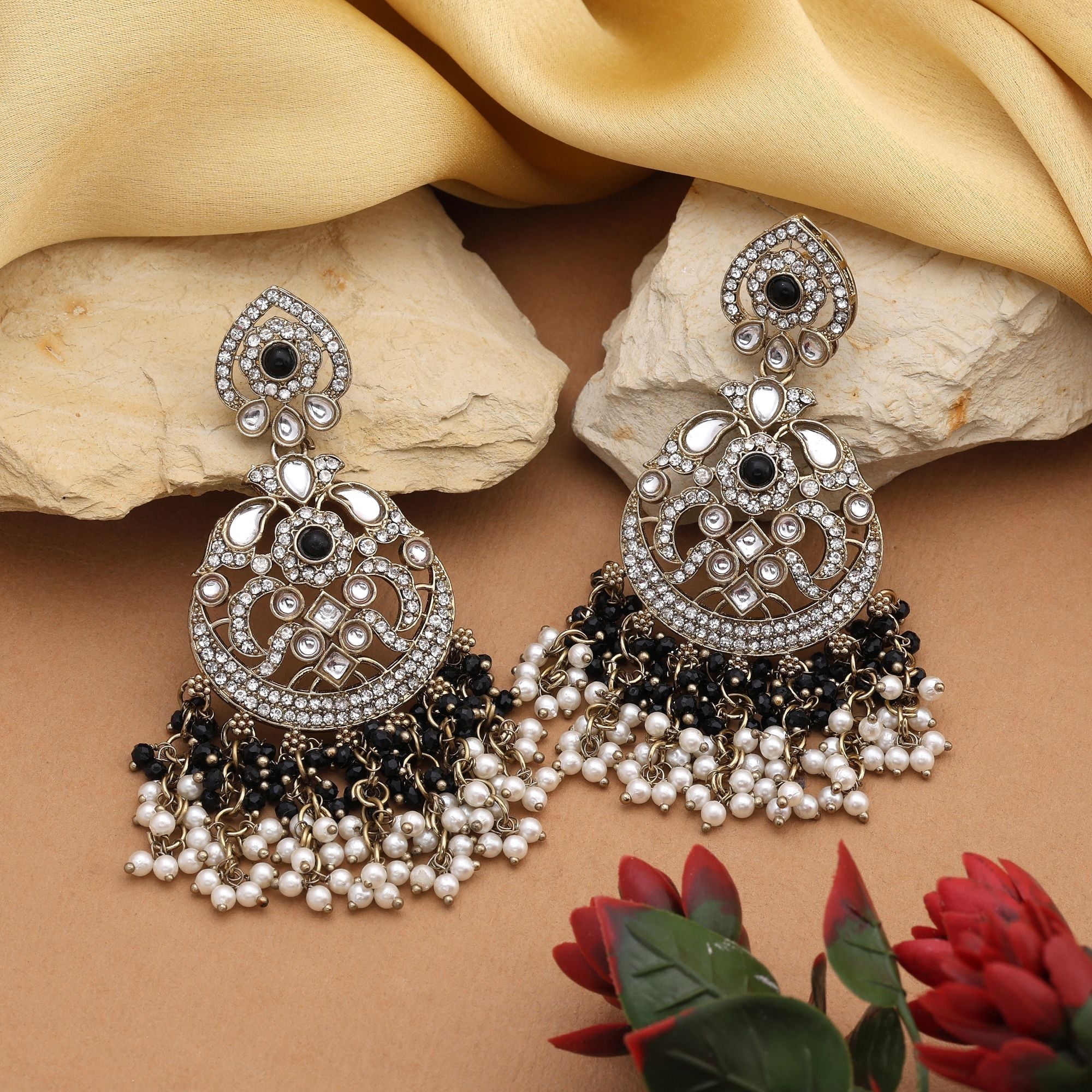 Chic Black Color Kundan Earrings With Royal Style Perfect For Wedding Looks