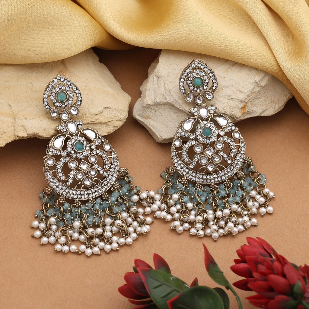 Eye-Catching Firozi Color Kundan Earrings With Antique Stones For Party Occasions