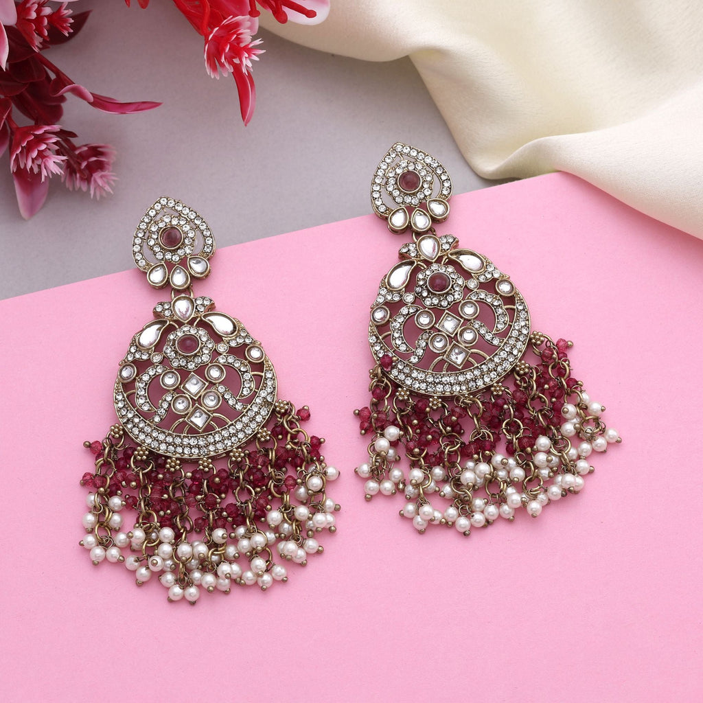 Modern Magenta Color Kundan Earrings With Traditional Stones For Party Looks