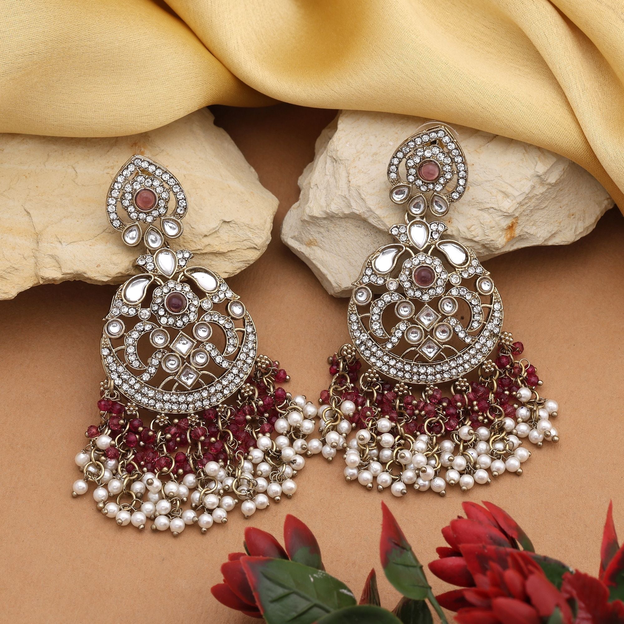 Modern Magenta Color Kundan Earrings With Traditional Stones For Party Looks