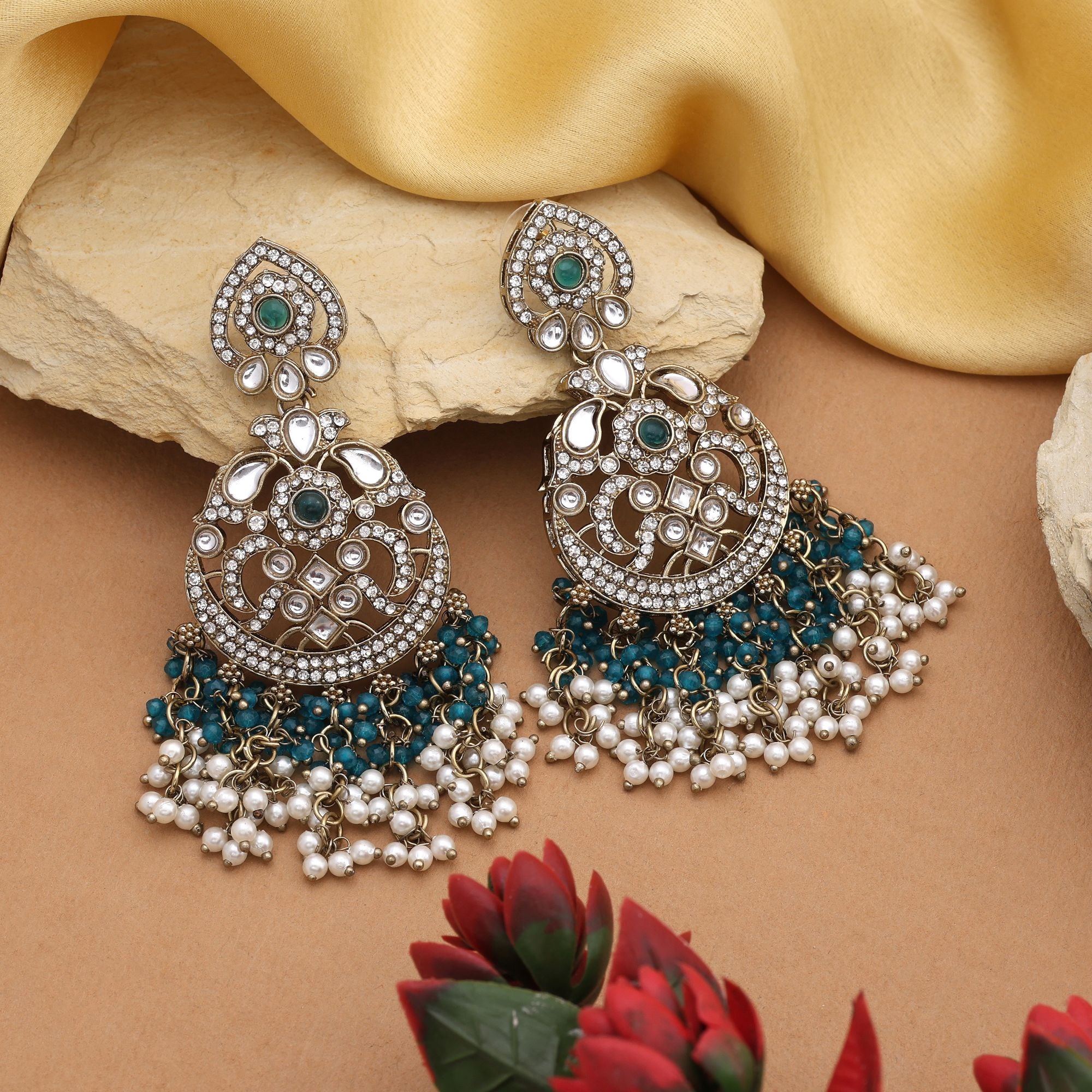 Unique Rama Green Color Kundan Earrings With Traditional Stone Detailing For Brides