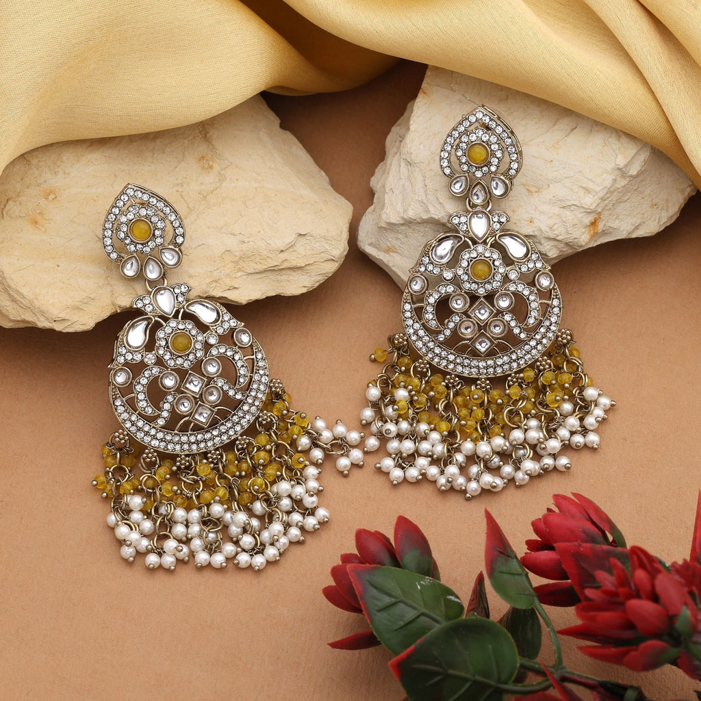 Bright Yellow Color Kundan Earrings With Stone Embellishments For Bridal Jewellery