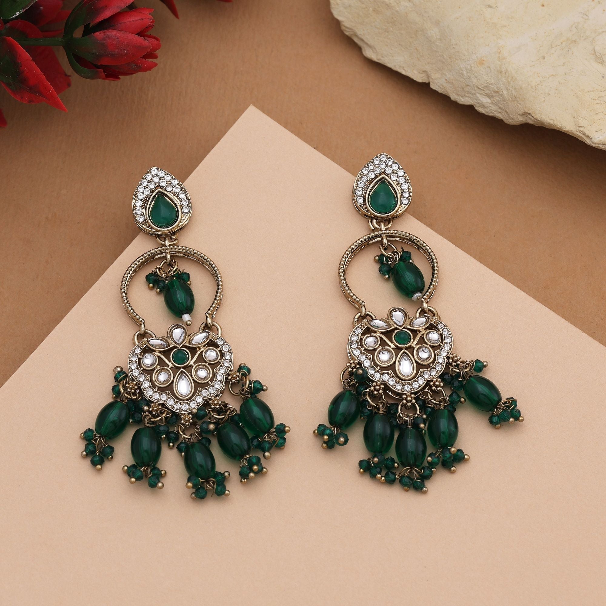 Traditional Green Color Kundan Earrings With Sparkling Stones Perfect For Ethnic Wear