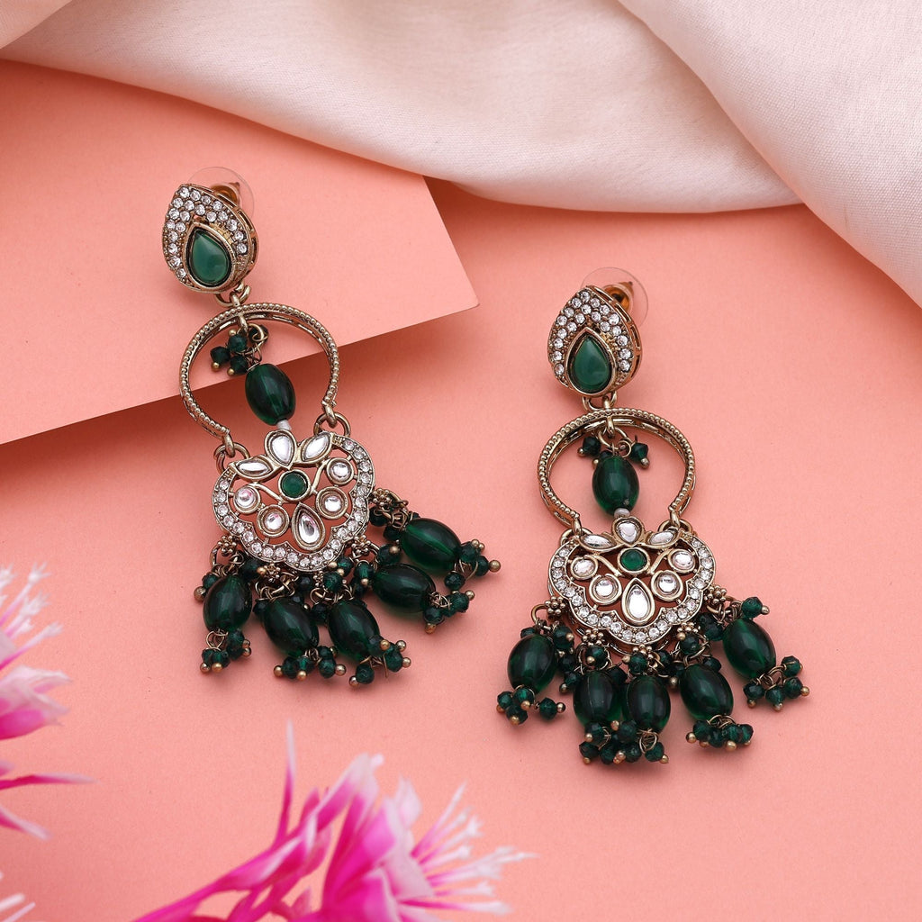 Traditional Green Color Kundan Earrings With Sparkling Stones Perfect For Ethnic Wear
