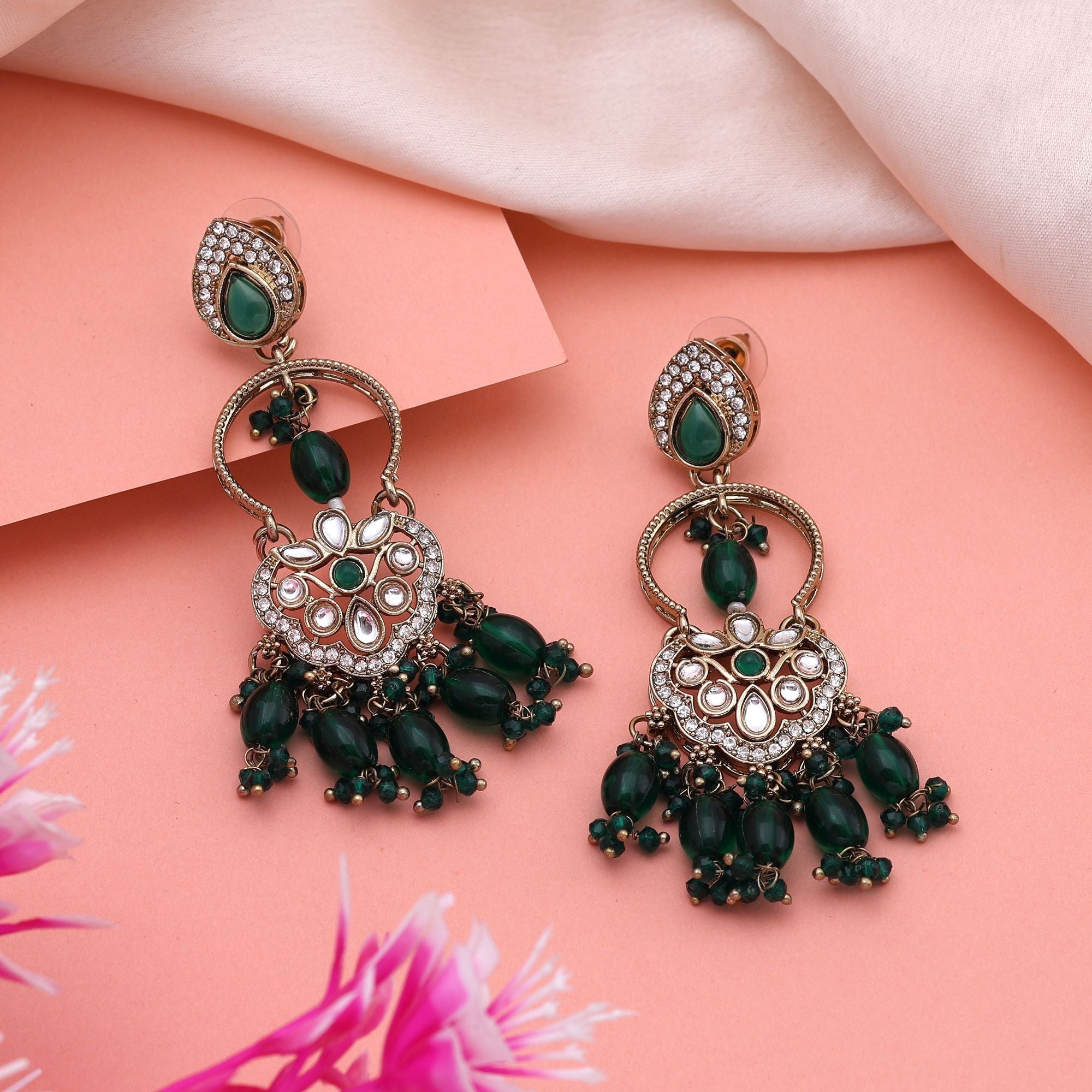 Traditional Green Color Kundan Earrings With Sparkling Stones Perfect For Ethnic Wear