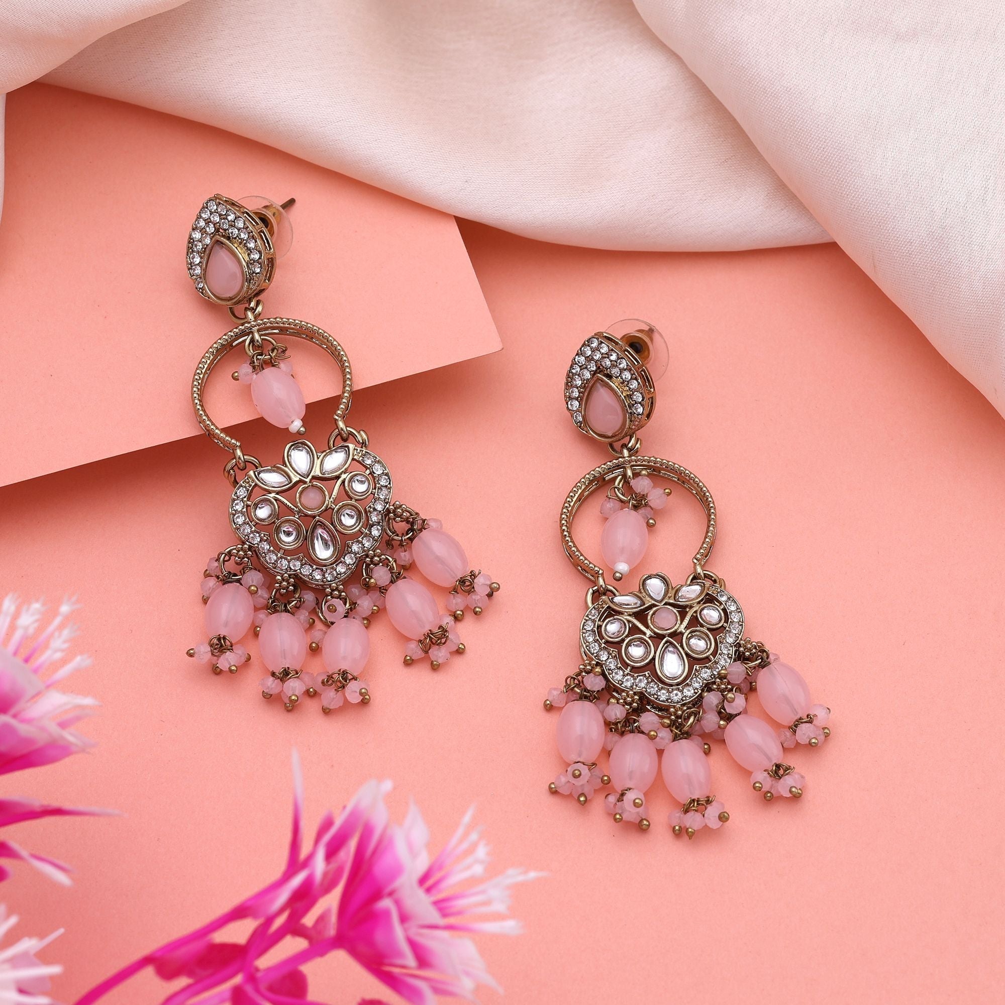 Stylish Pink Color Kundan Earrings With Gold Plated Finish Perfect For Celebrations
