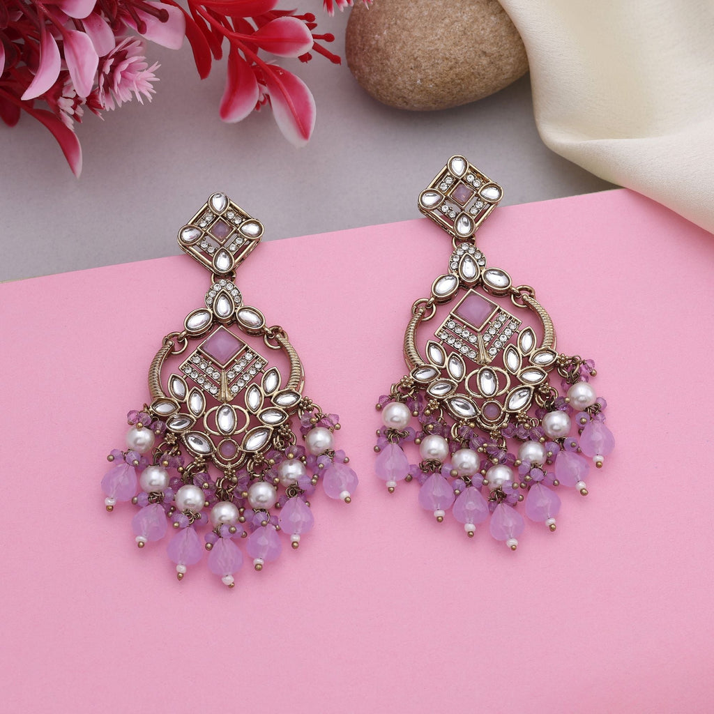 Lovely Light Purple Color Kundan Earrings With Gold Work Perfect For Bridal Looks