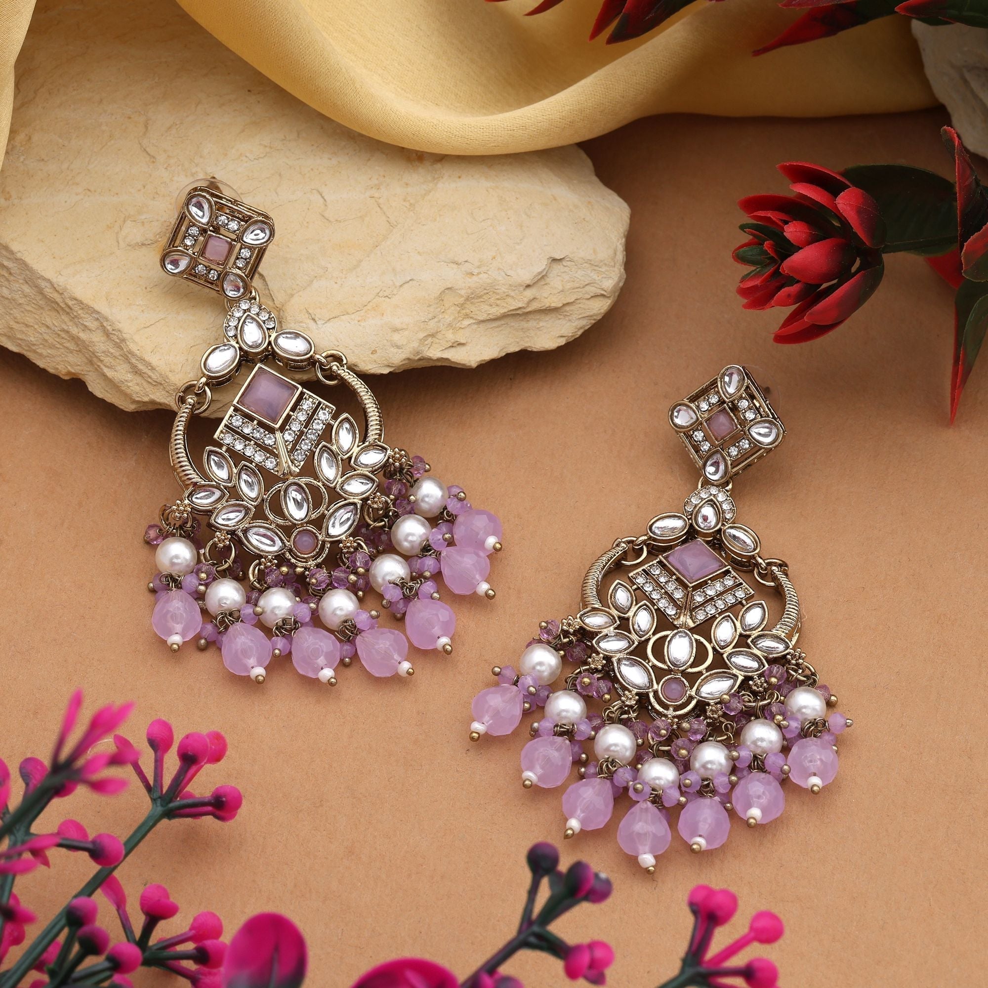 Lovely Light Purple Color Kundan Earrings With Gold Work Perfect For Bridal Looks