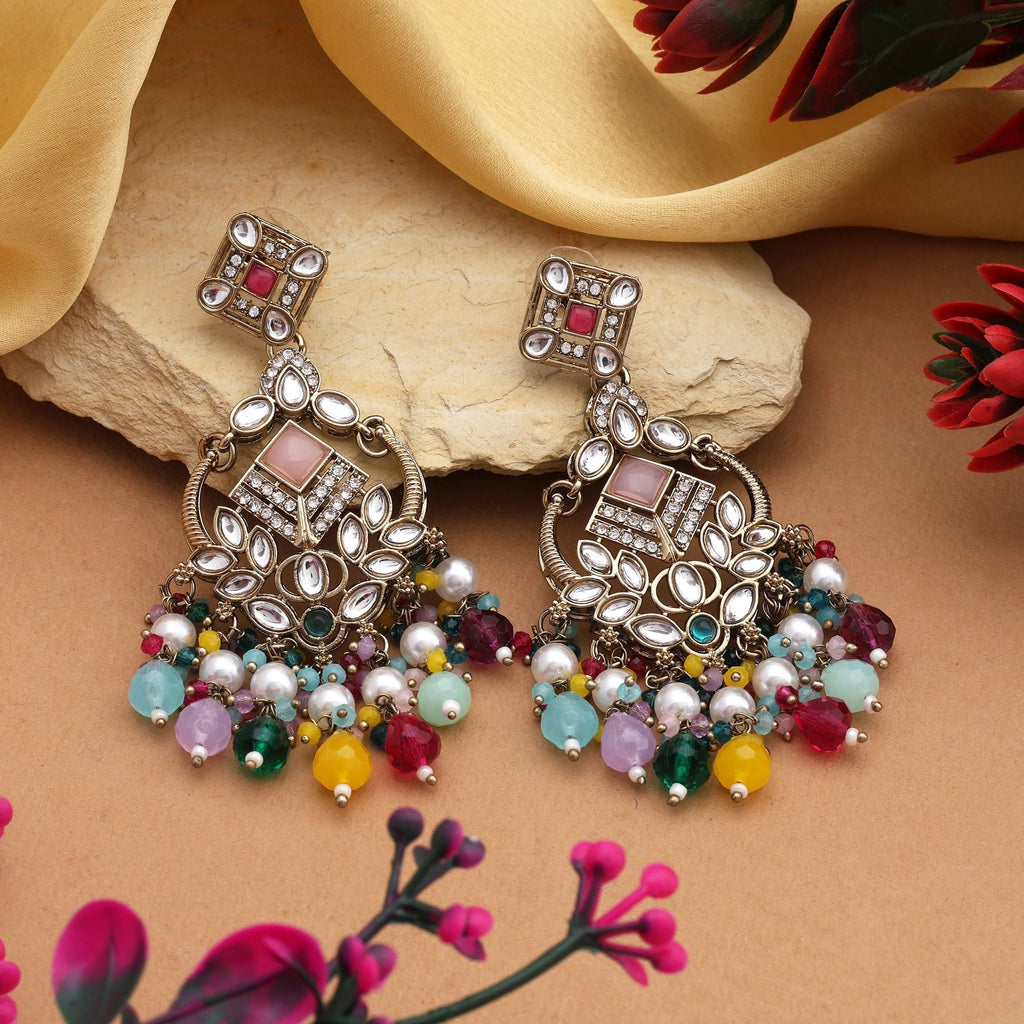 Vibrant Multi Color Kundan Earrings With Sparkle Finish For Cultural Celebrations