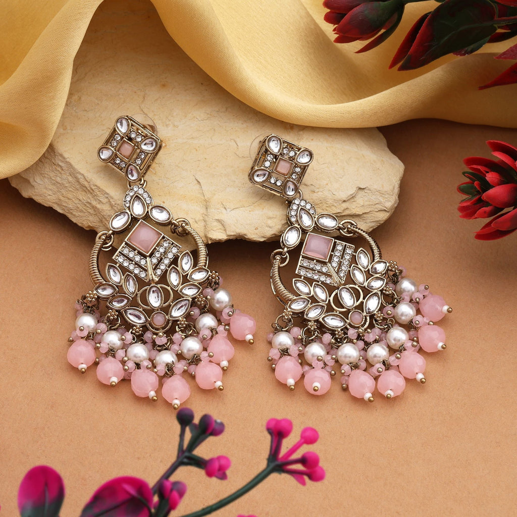 Stylish Pink Color Kundan Earrings With Gold Touch Perfect For Traditional Functions