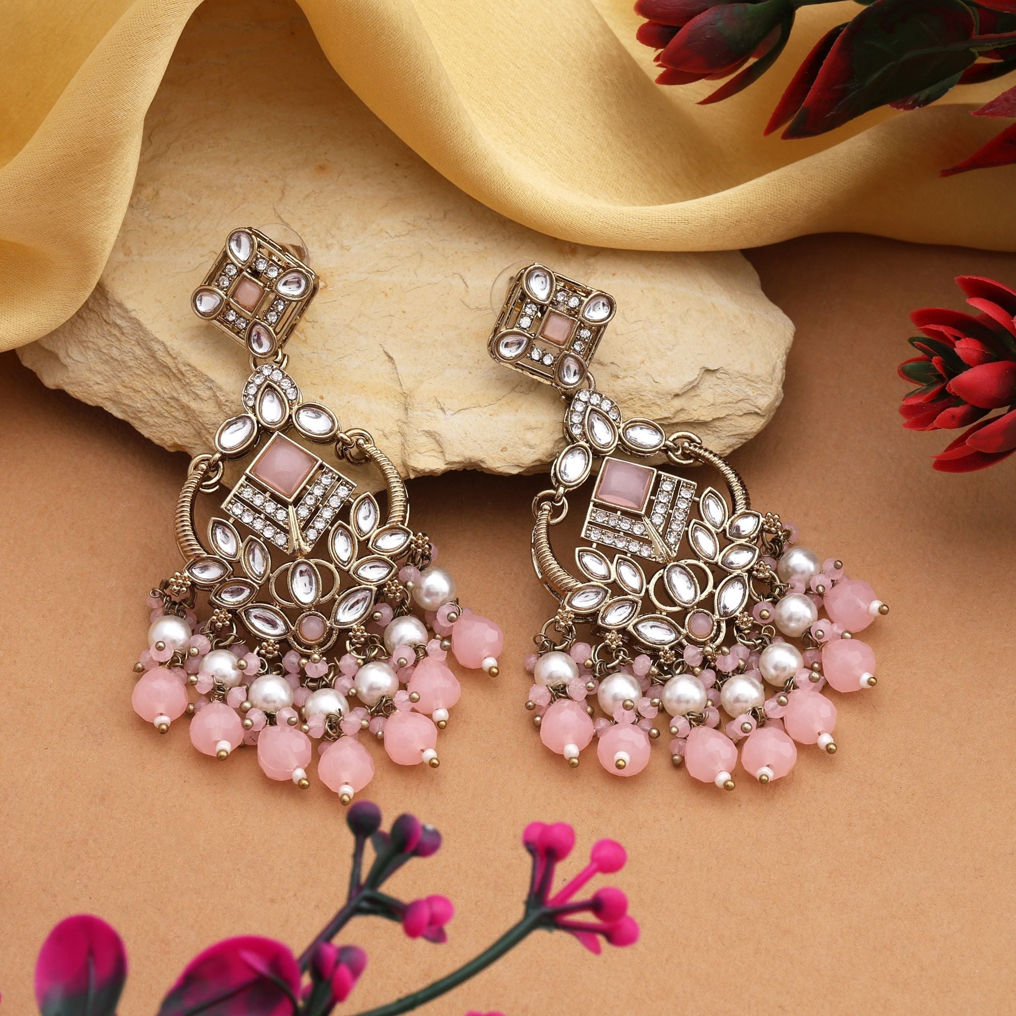 Stylish Pink Color Kundan Earrings With Gold Touch Perfect For Traditional Functions