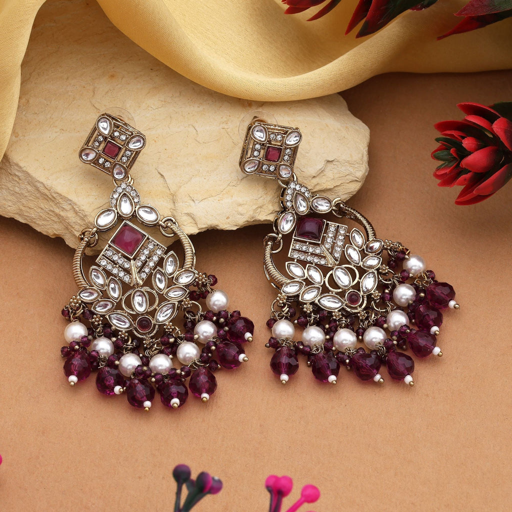 Royal Purple Color Kundan Earrings With Antique Stones Perfect For Party Jewellery