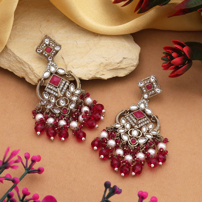 Beautiful Rani Color Kundan Earrings With Floral Design For Wedding Occasions