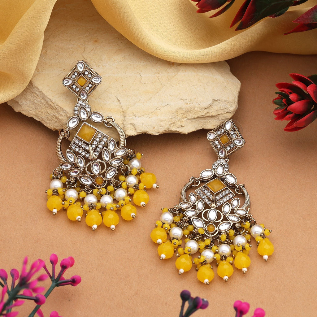 Royal Yellow Color Kundan Earrings With Antique Gold Finish For Party Occasions