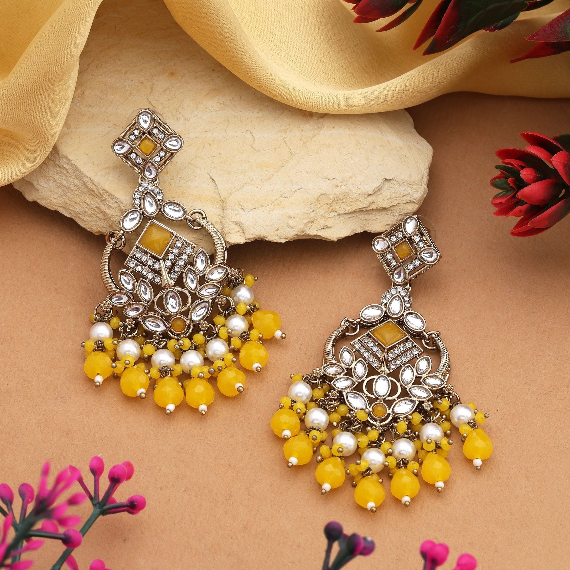 Royal Yellow Color Kundan Earrings With Antique Gold Finish For Party Occasions