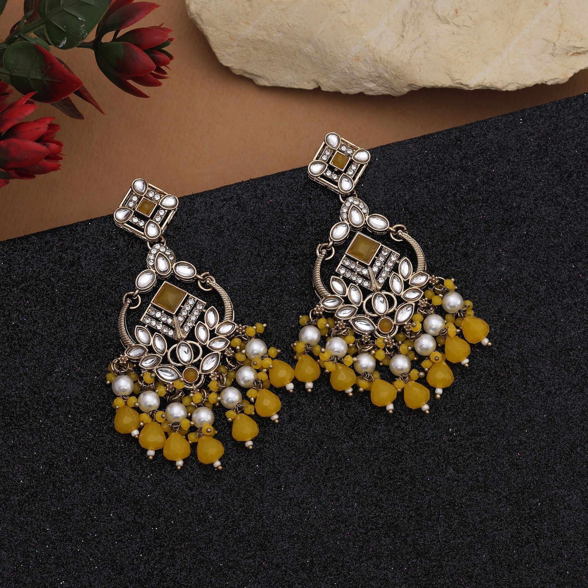Royal Yellow Color Kundan Earrings With Antique Gold Finish For Party Occasions