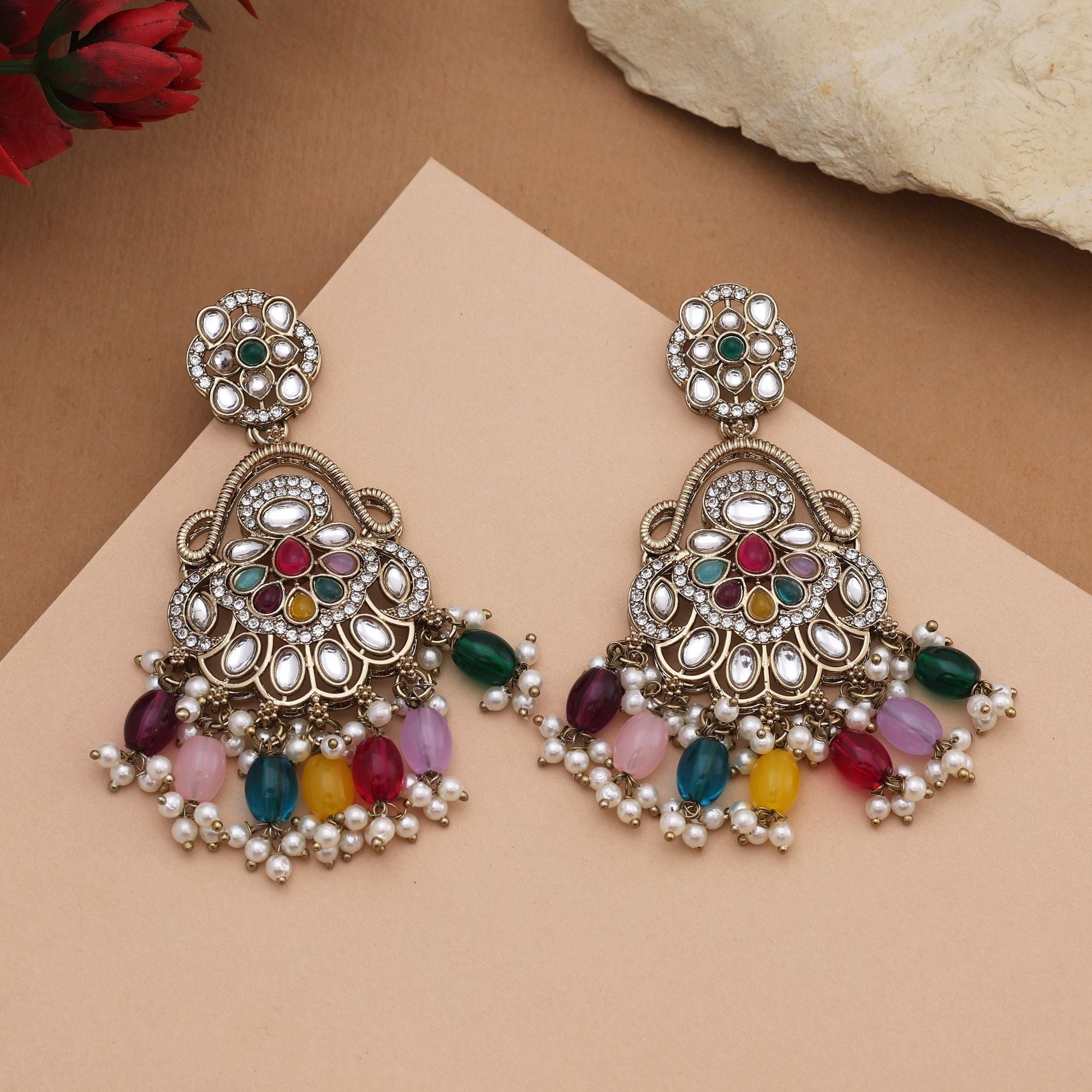 Stunning Multi Color Kundan Earrings With Traditional Beads Perfect For Festive Looks
