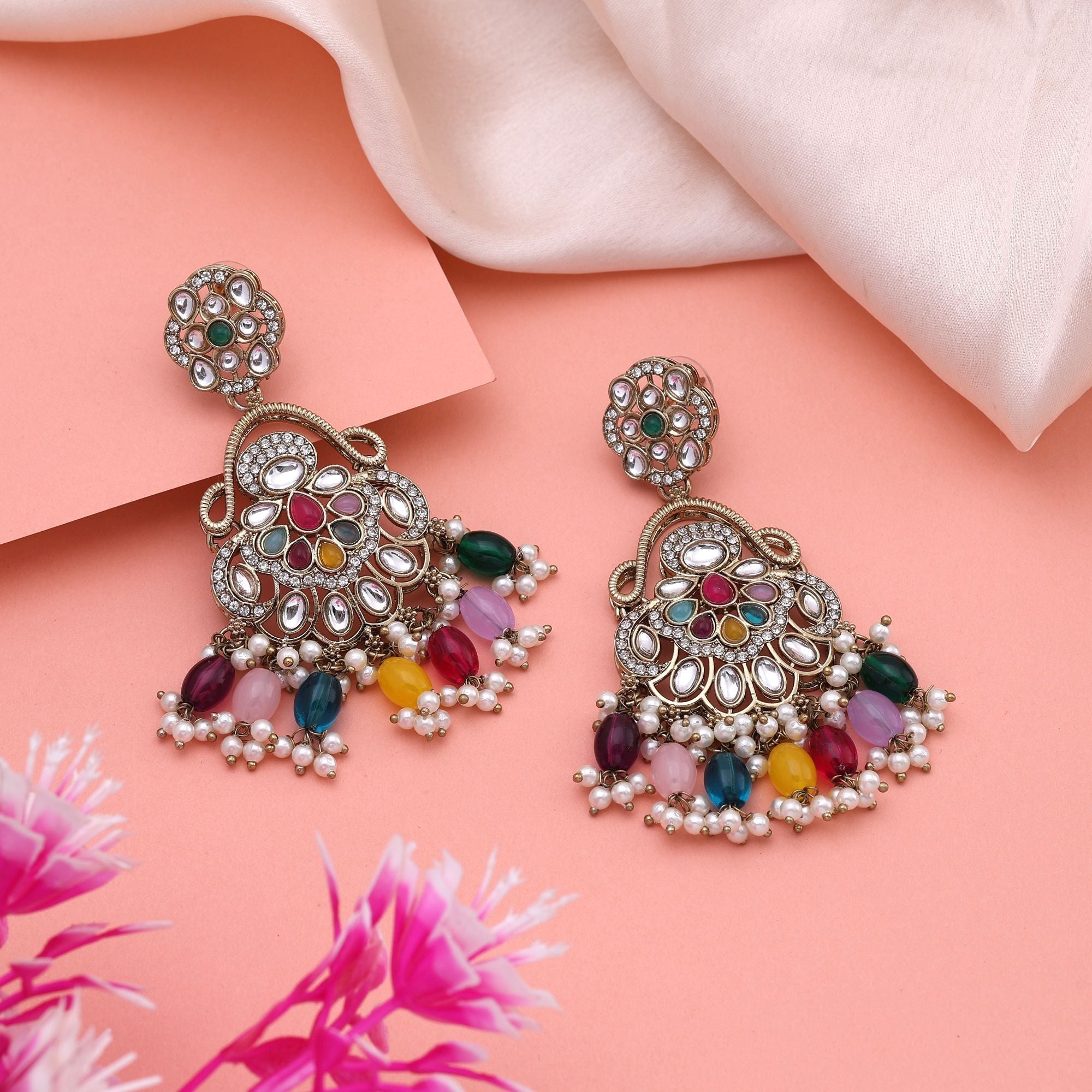 Stunning Multi Color Kundan Earrings With Traditional Beads Perfect For Festive Looks