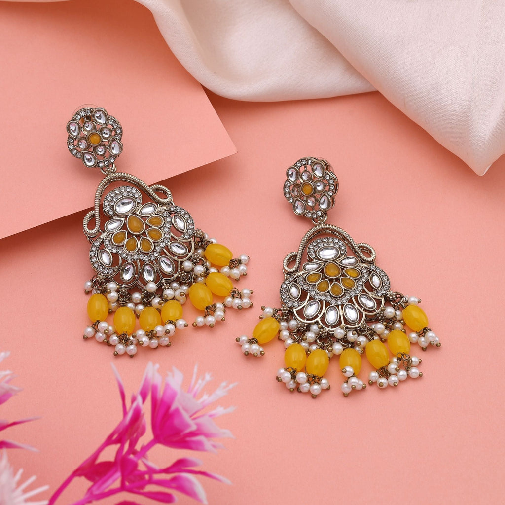 Bright Yellow Color Kundan Earrings With Stone Studded Details For Wedding Wear