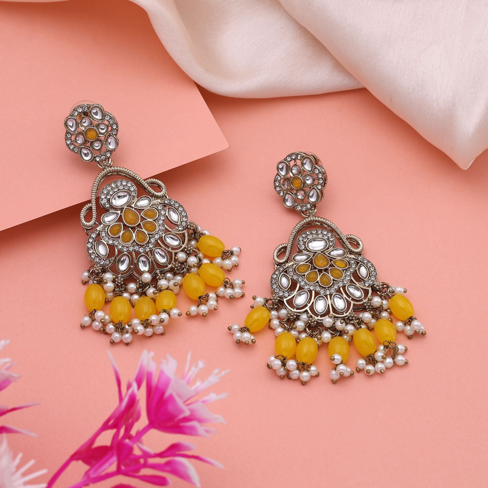 Bright Yellow Color Kundan Earrings With Stone Studded Details For Wedding Wear