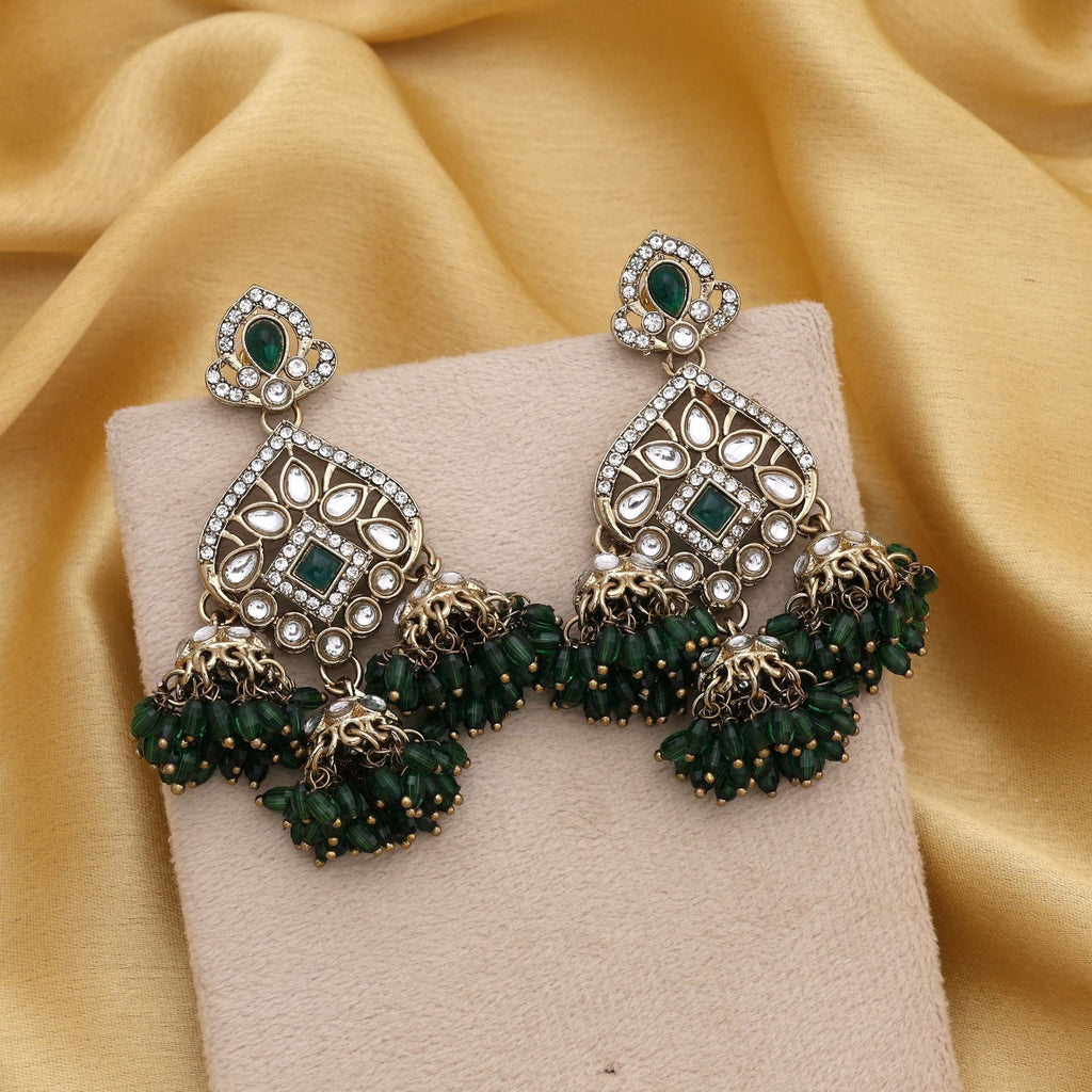 Traditional Green Color Kundan Earrings With Antique Touch For Bridal Collections