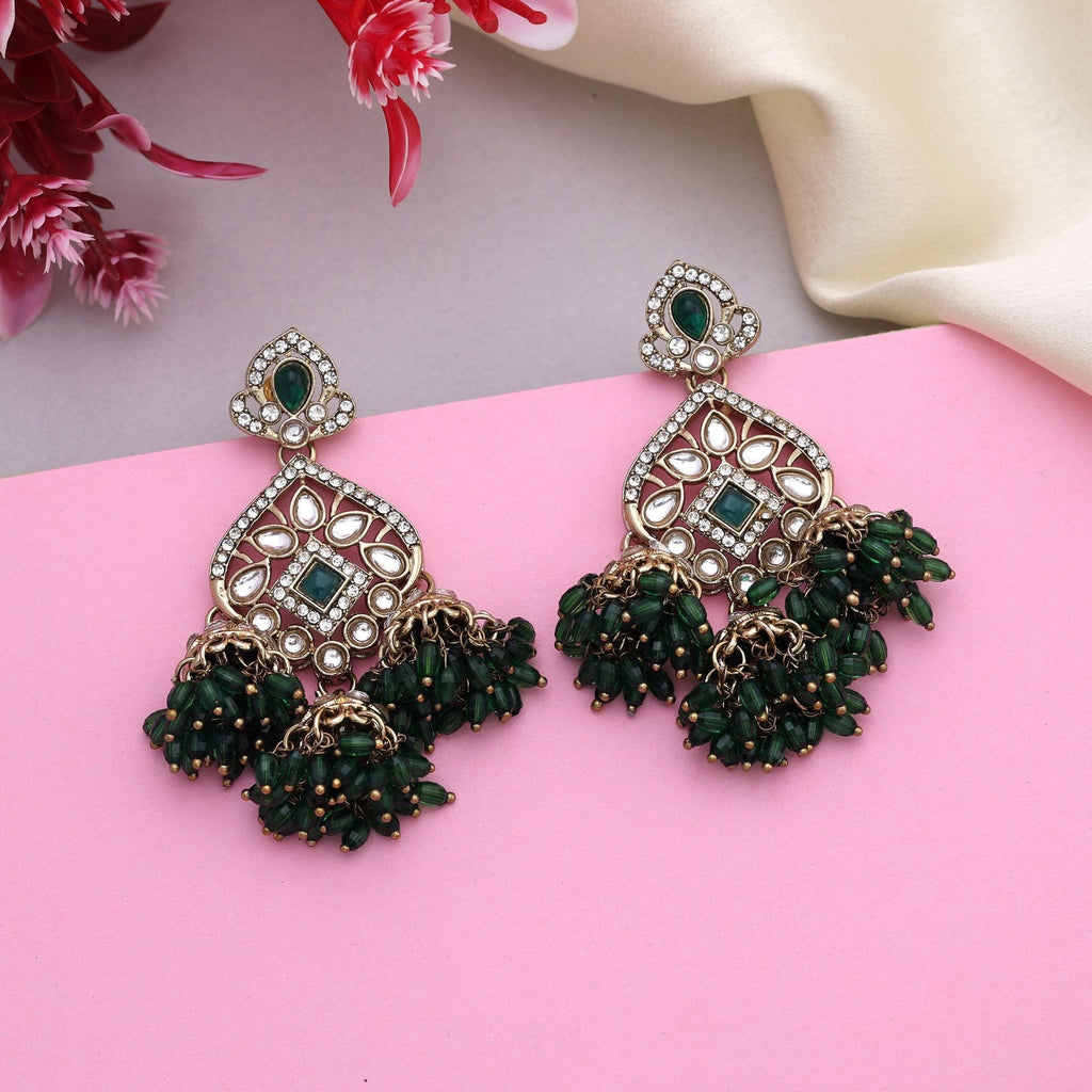 Traditional Green Color Kundan Earrings With Antique Touch For Bridal Collections