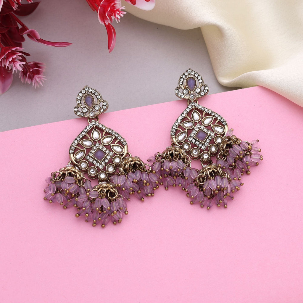 Lovely Light Purple Color Kundan Earrings With Delicate Design Perfect For Brides