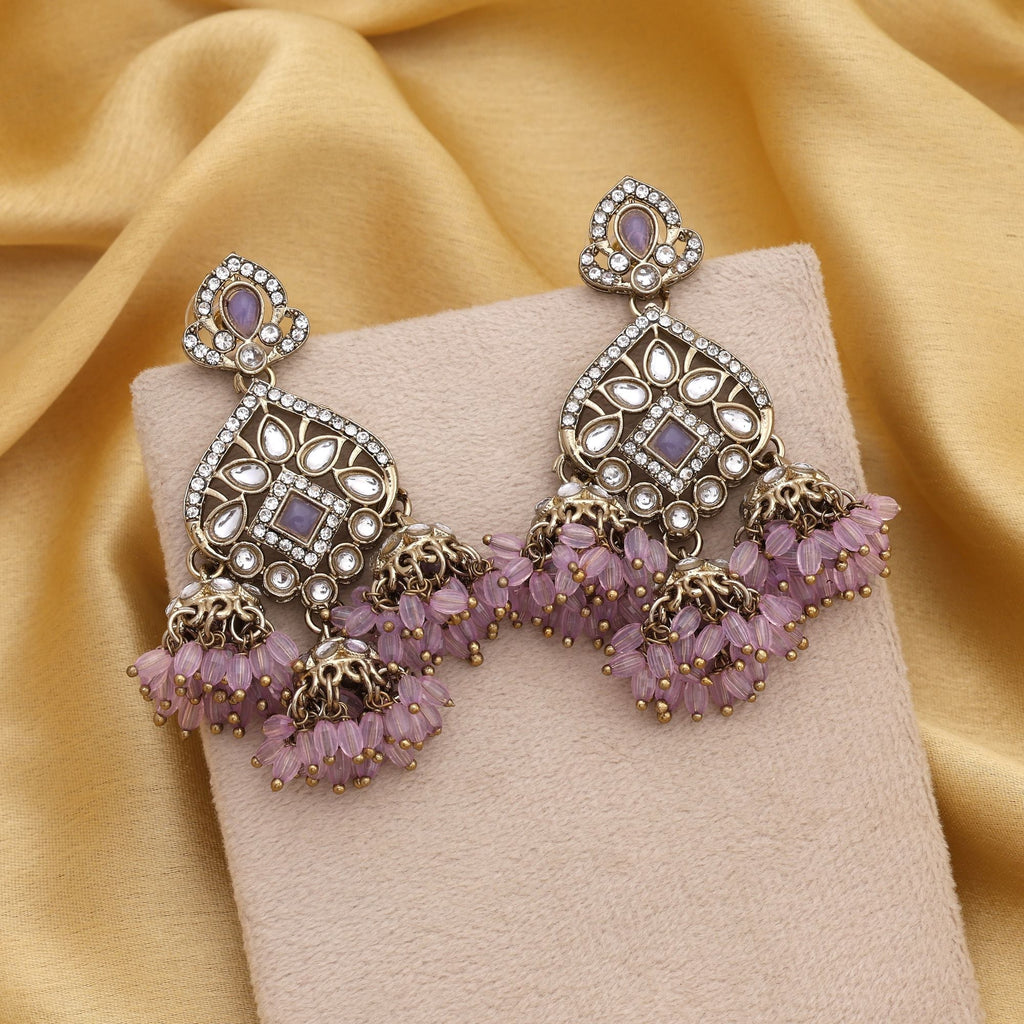 Lovely Light Purple Color Kundan Earrings With Delicate Design Perfect For Brides