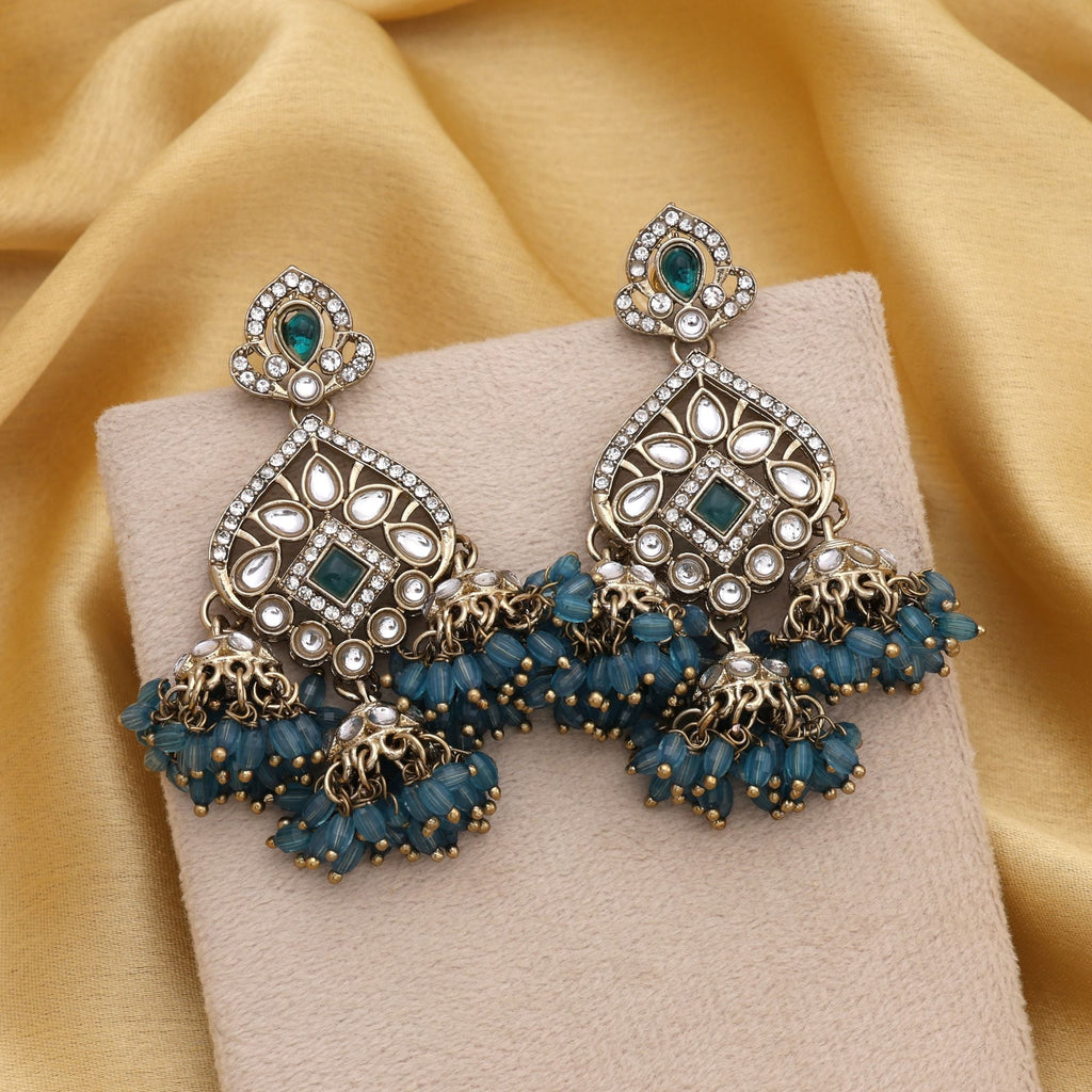 Royal Rama Green Color Kundan Earrings With Traditional Design For Elegant Outfits