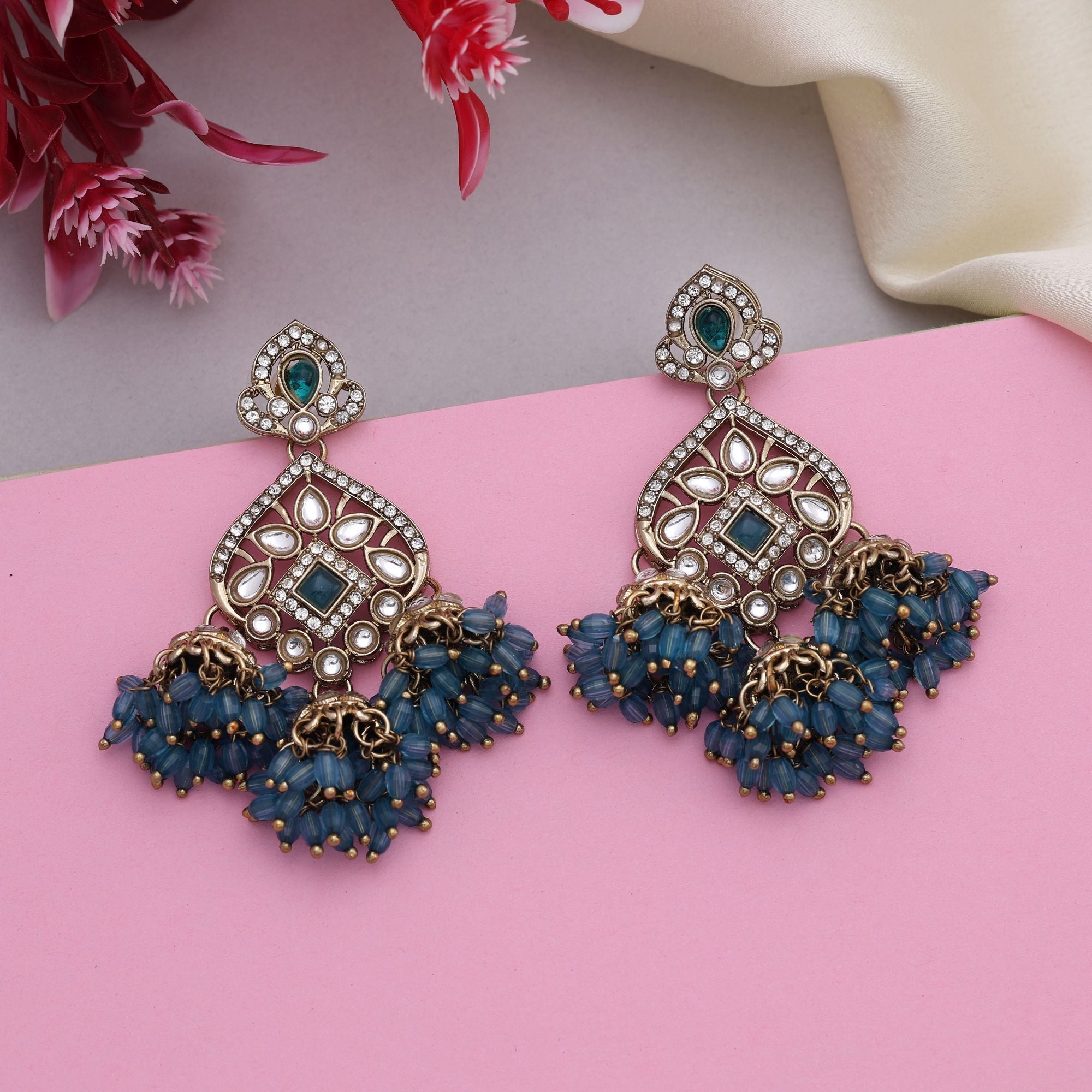 Royal Rama Green Color Kundan Earrings With Traditional Design For Elegant Outfits