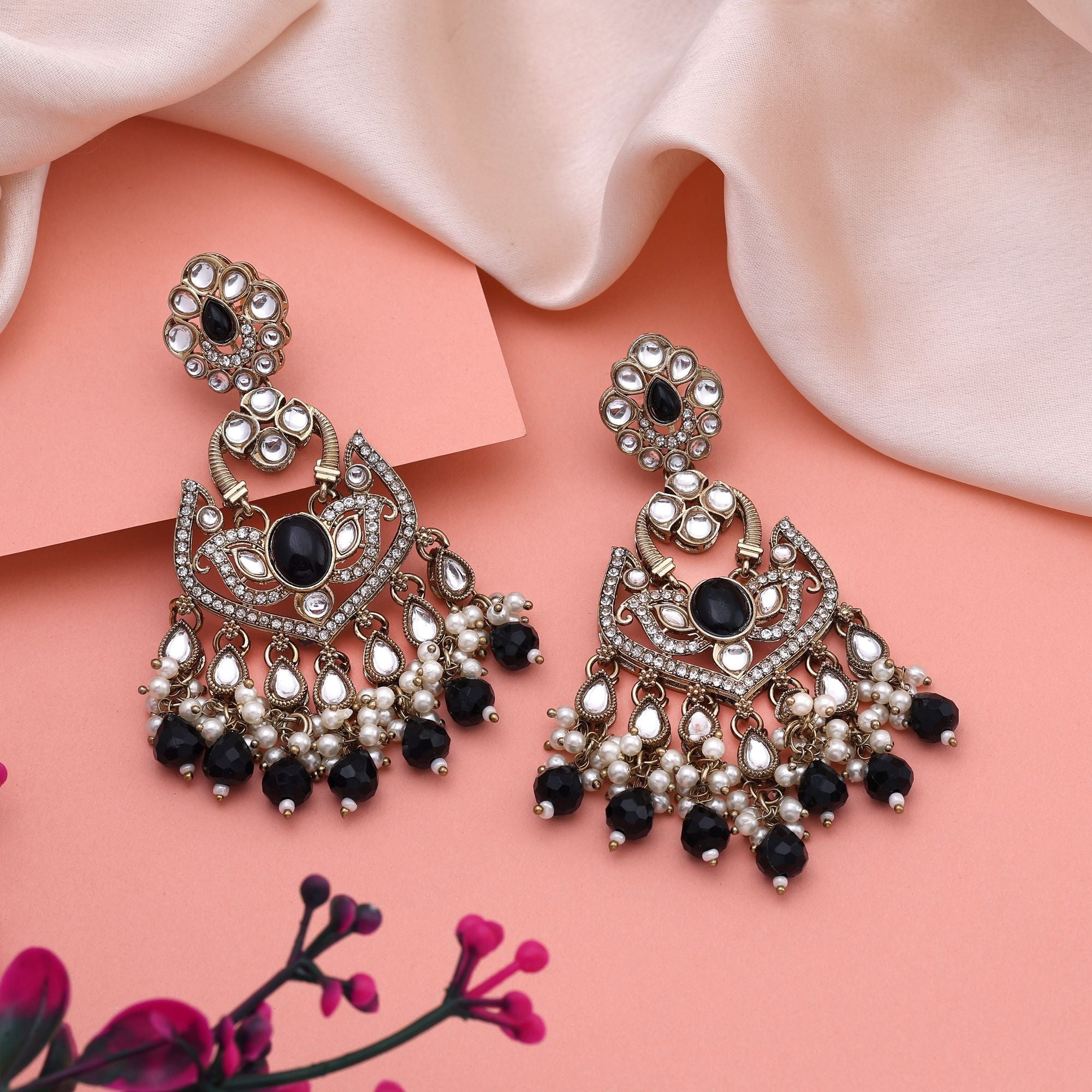 Elegant Black Color Kundan Earrings With Detailed Design Perfect For Wedding Wear
