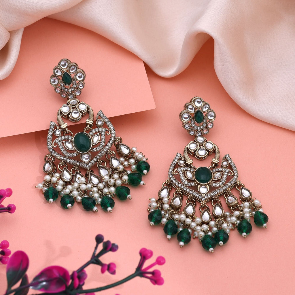 Classic Green Color Kundan Earrings With Handcrafted Stones For Wedding Wear