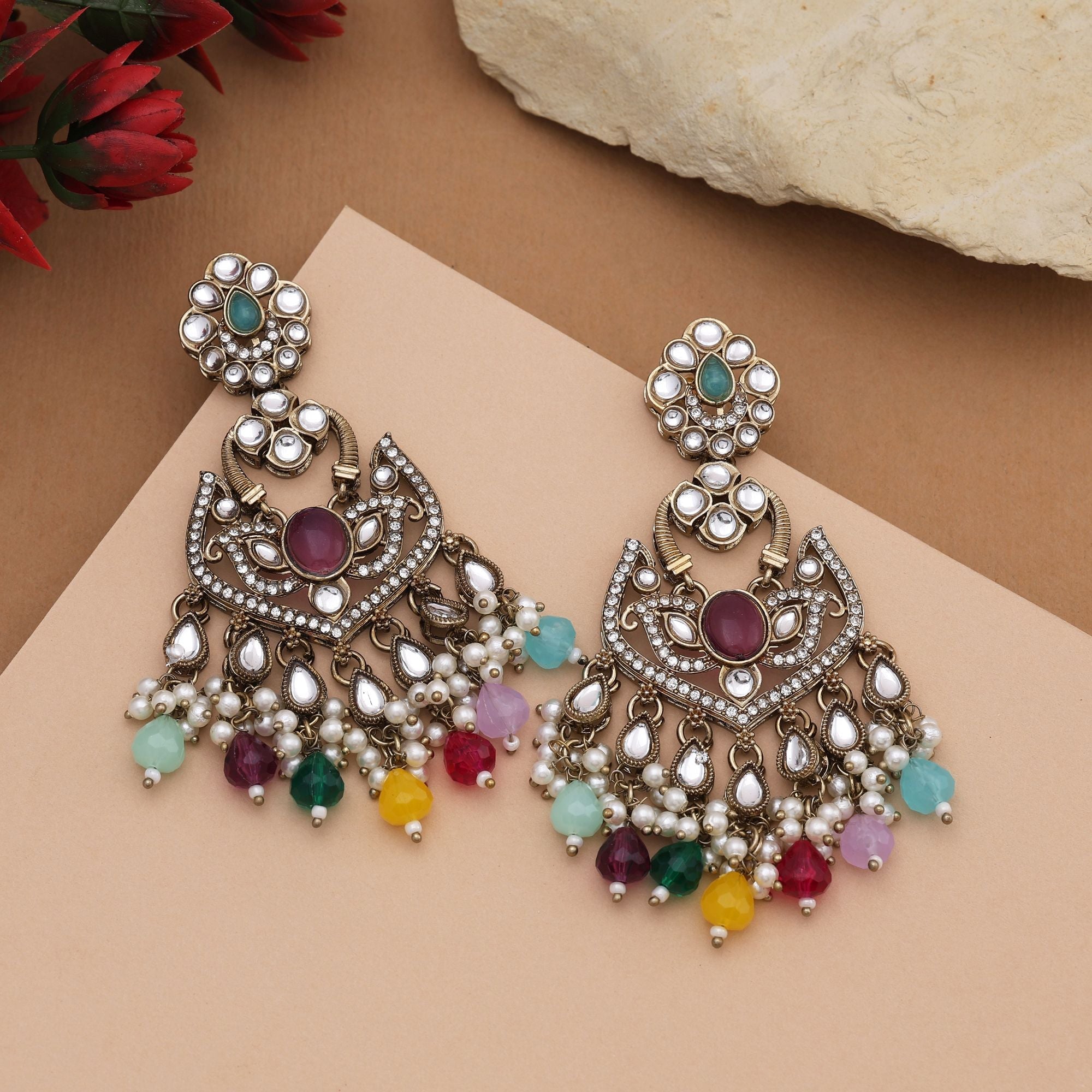 Graceful Multi Color Kundan Earrings With Antique Finish For Special Occasions