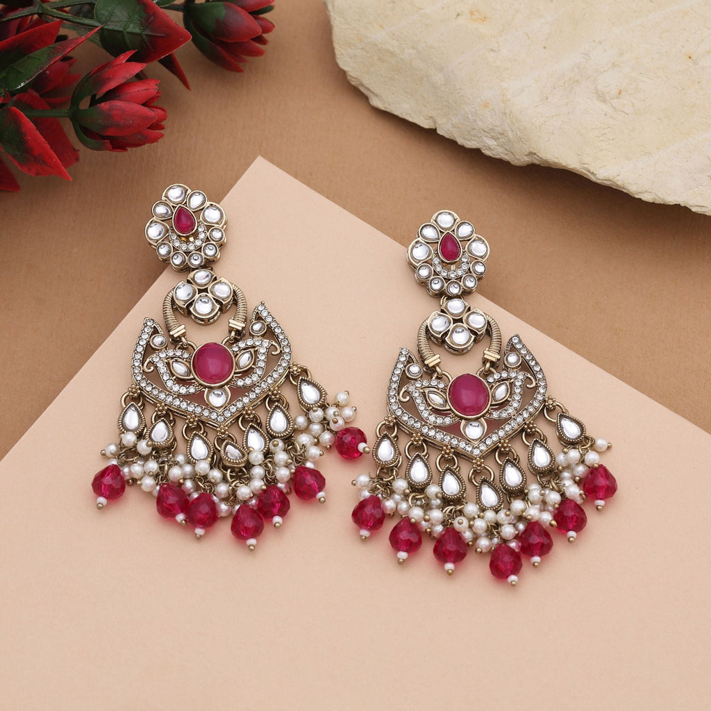 Royal Rani Color Kundan Earrings With Traditional Beads Perfect For Bridal Jewellery